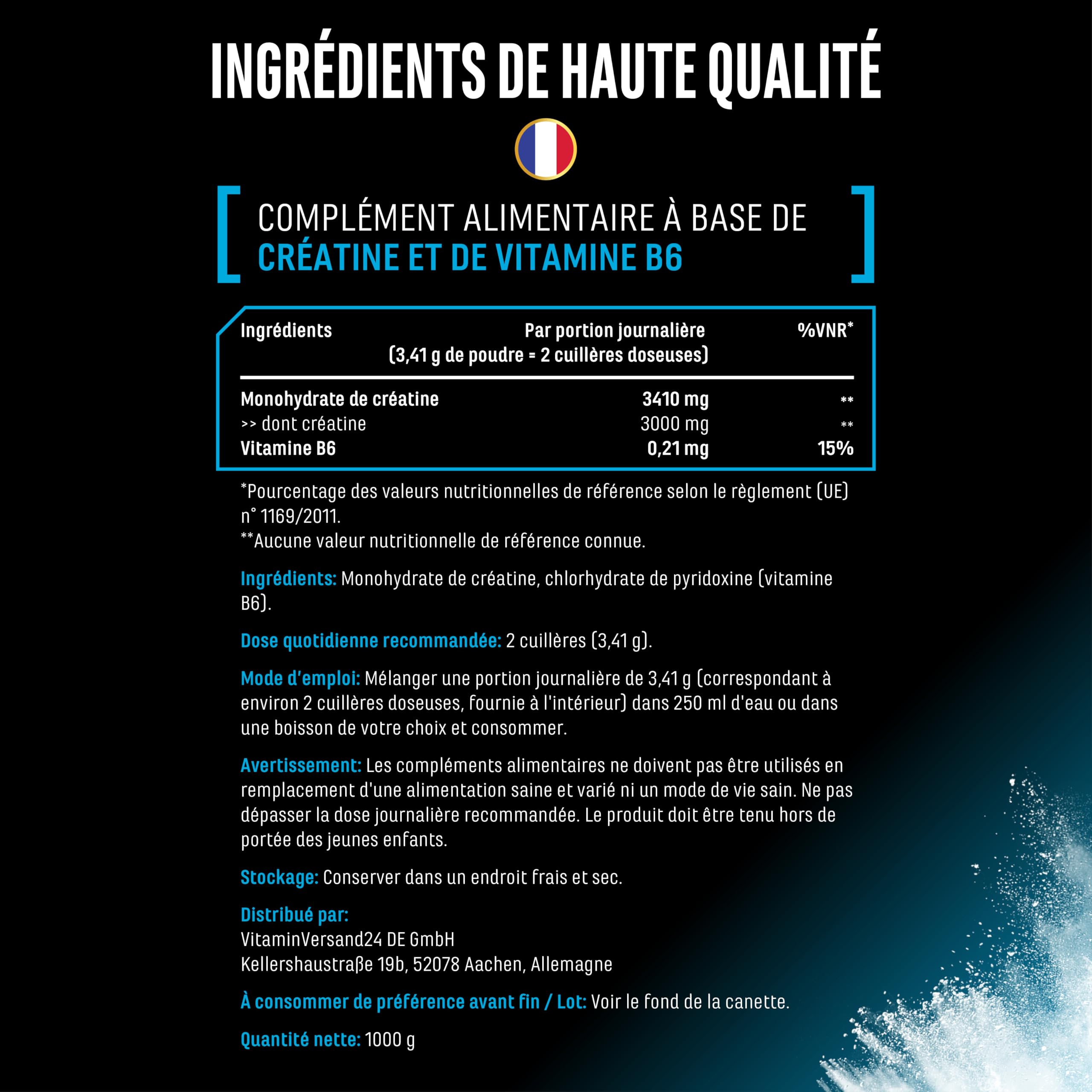 Poudre de Créatine - 1kg / 1000 g - Poudre de Monohydrate de Créatine - Solubilité Optimale & Microfine - Vegan - 293 Applications