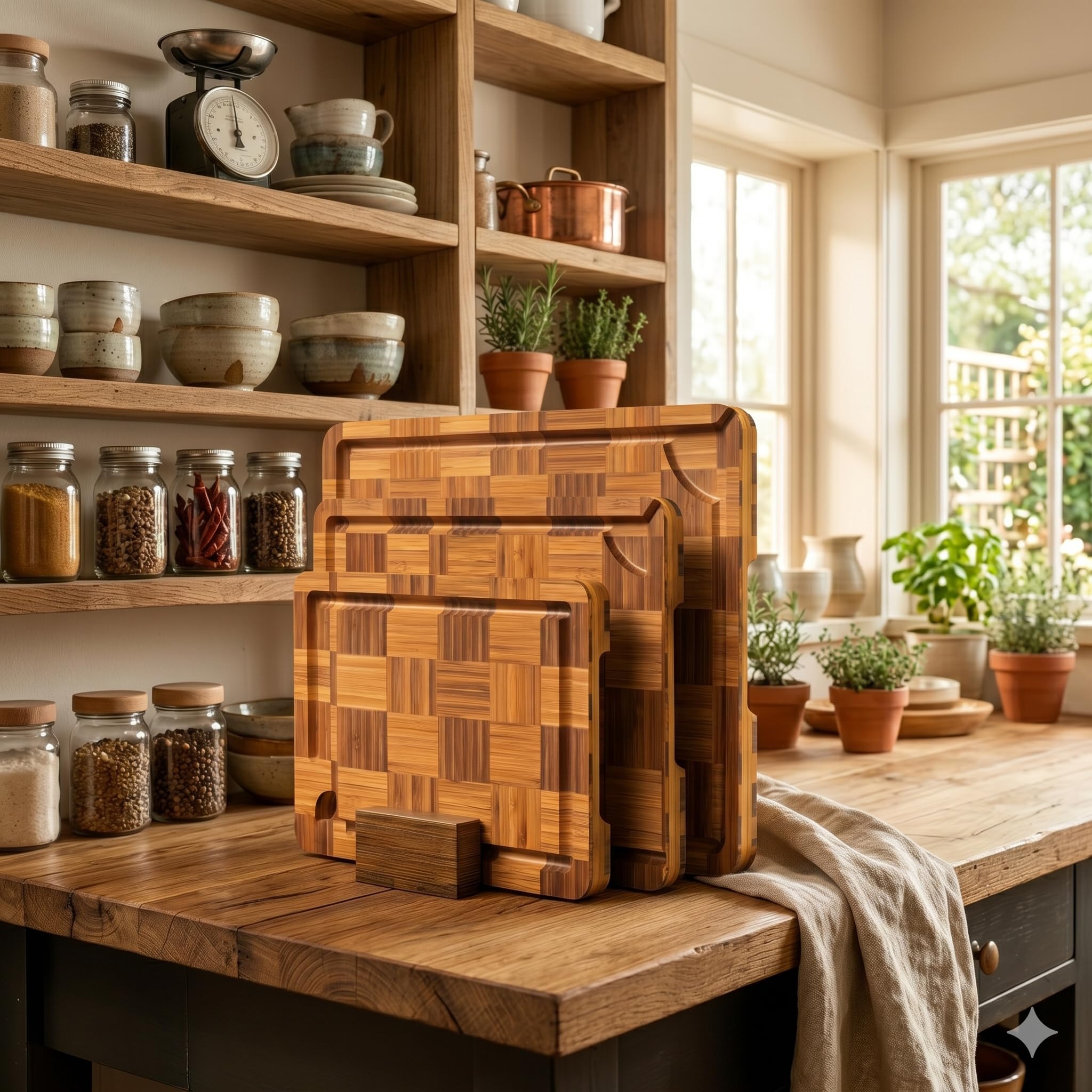 BAMBANG Schneidebrett Set Holz,Schachbrettmuster Hackblock Stirnholz Schneidebretter Bambus,Holzbrett Küche Messerschonendes Holzschneidebrett Bamboo Groß für Fleisch Gemüse