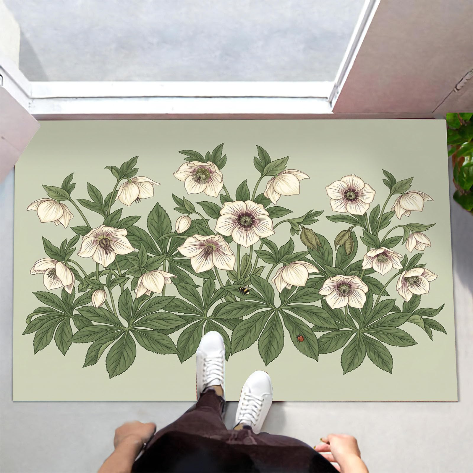 Zerbino Ingresso Interno Semplice Fiore Foglia Palma, Zerbino Di Benvenuto Lavabile Morbida Piante Naturali Rurali, Antiscivolo Tappeto Da Decorazioni Verde Salvia Per Casa Porta, 60X90Cm