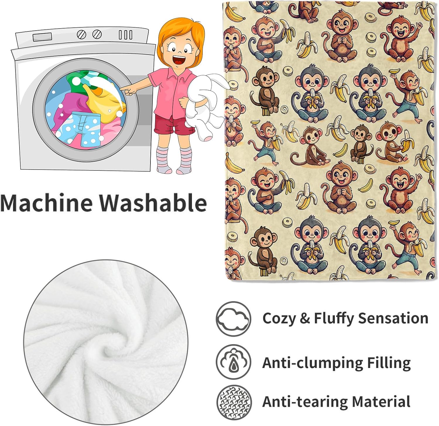 Monkey and Banana Blanket,Fun Cartoon Jungle Theme Throw Blankets,Birthday Gifts for Kids & Animal Lovers,Lightweight Soft Fleece,for Picnic Sofa Couch Bed Room Travel,Modern Decor,50x60in - Image 4