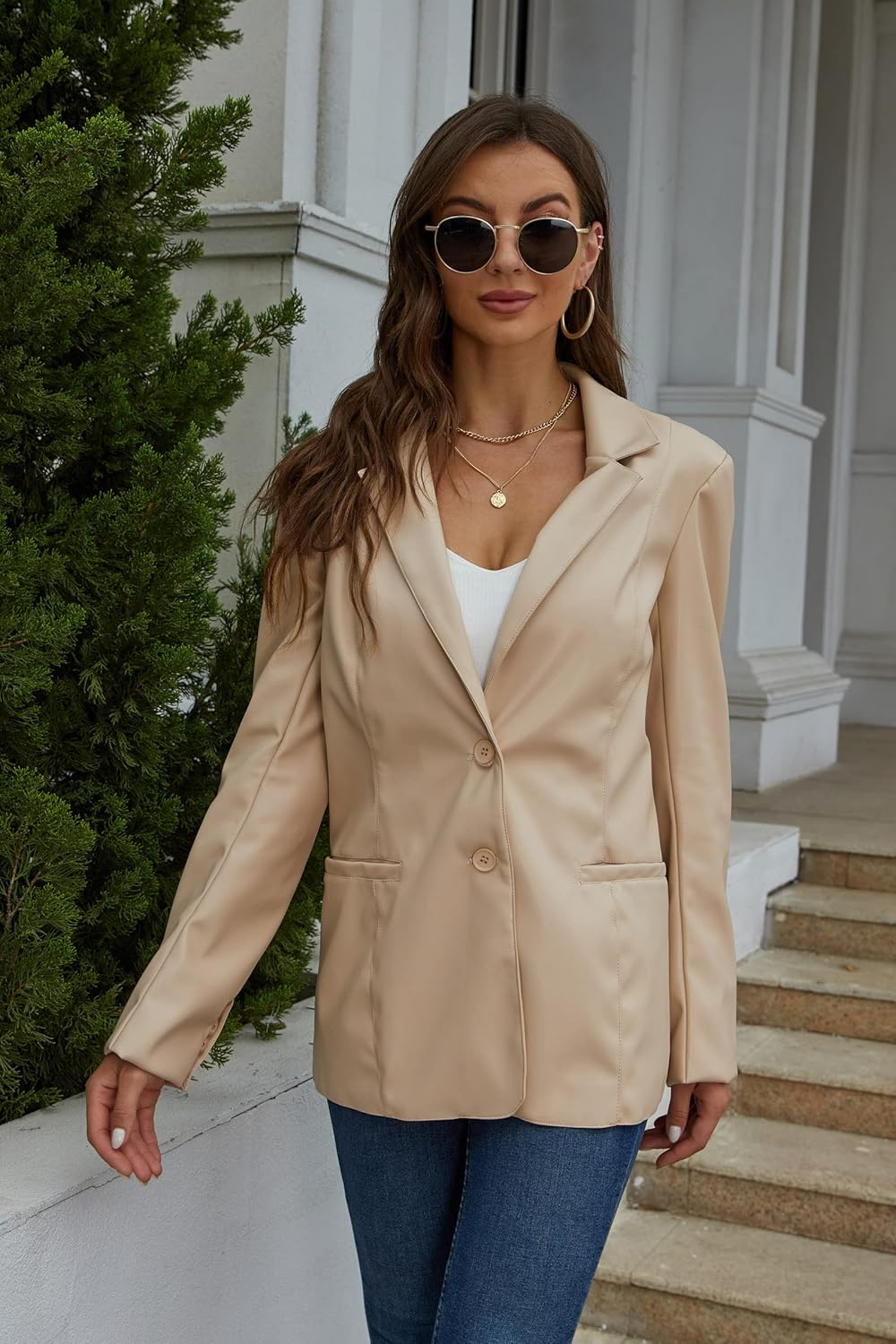RISISSIDA Women Faux Leather Blazer Jacket,Spring Fall Vegan Pleather Soft Casual Lapel Button Down Coat - Image 3