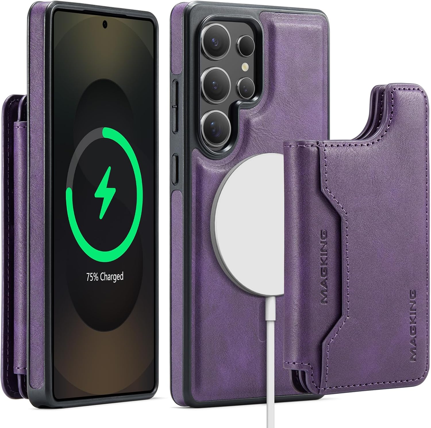 2 in 1 Detachable Wallet & Phone Case for iPhone 17 Pro, Supports Wireless Charging Magnetic Button case Cover Purple