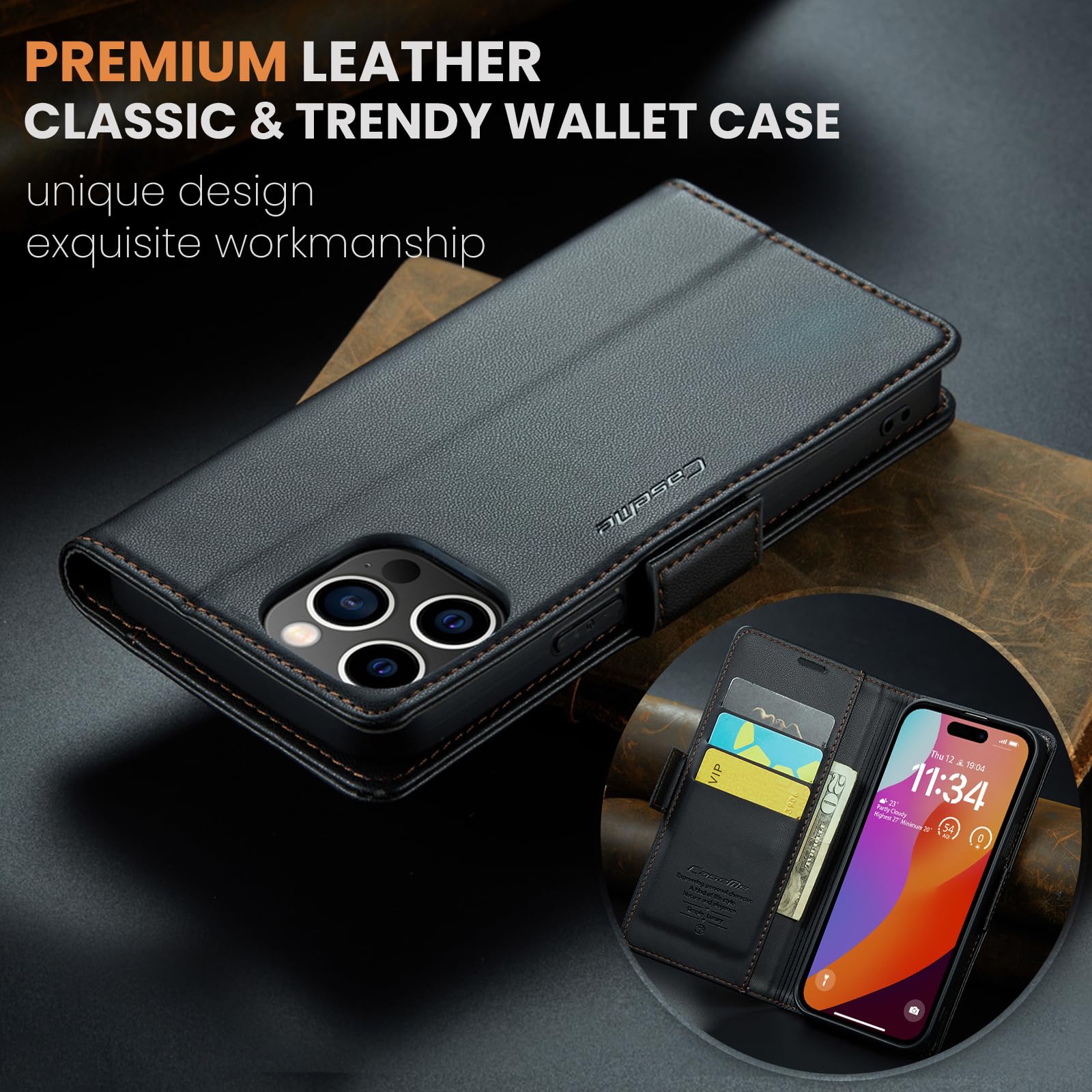 for iPhone 15 Pro Case 6.1 Inch, Premium PU Leather Wallet Case Flip Cover with [RFID Blocking][Card Holder][Stand Function] Shockproof Protective for iPhone 15 Pro, Black — view 7