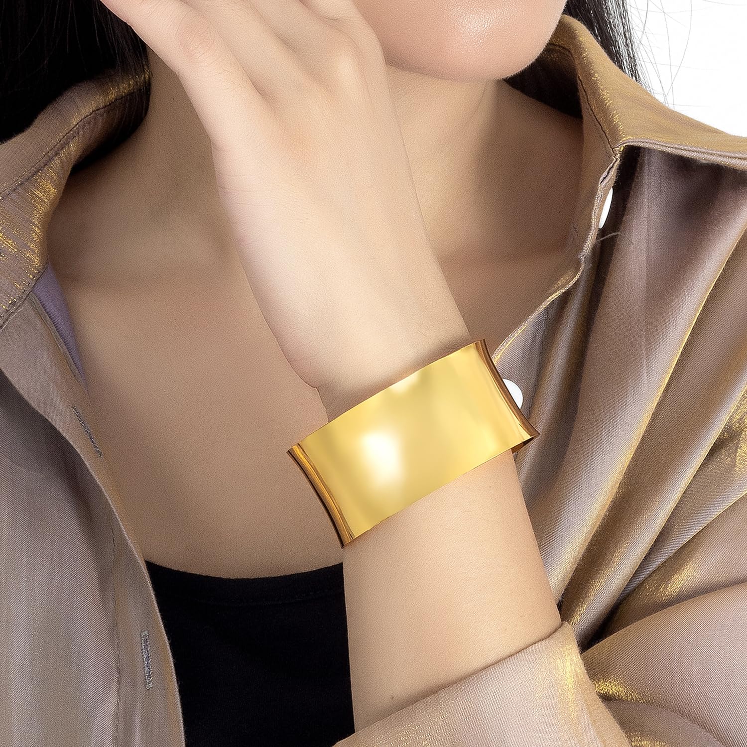 Dankadi Bracciale da donna esagerato, aperto, largo, 3 cm in 925, in argento, bracciale a cerchio 60 mm, regolabile, gioielli da polso curvi, placcato oro martellato, stile bohemien, regalo per
