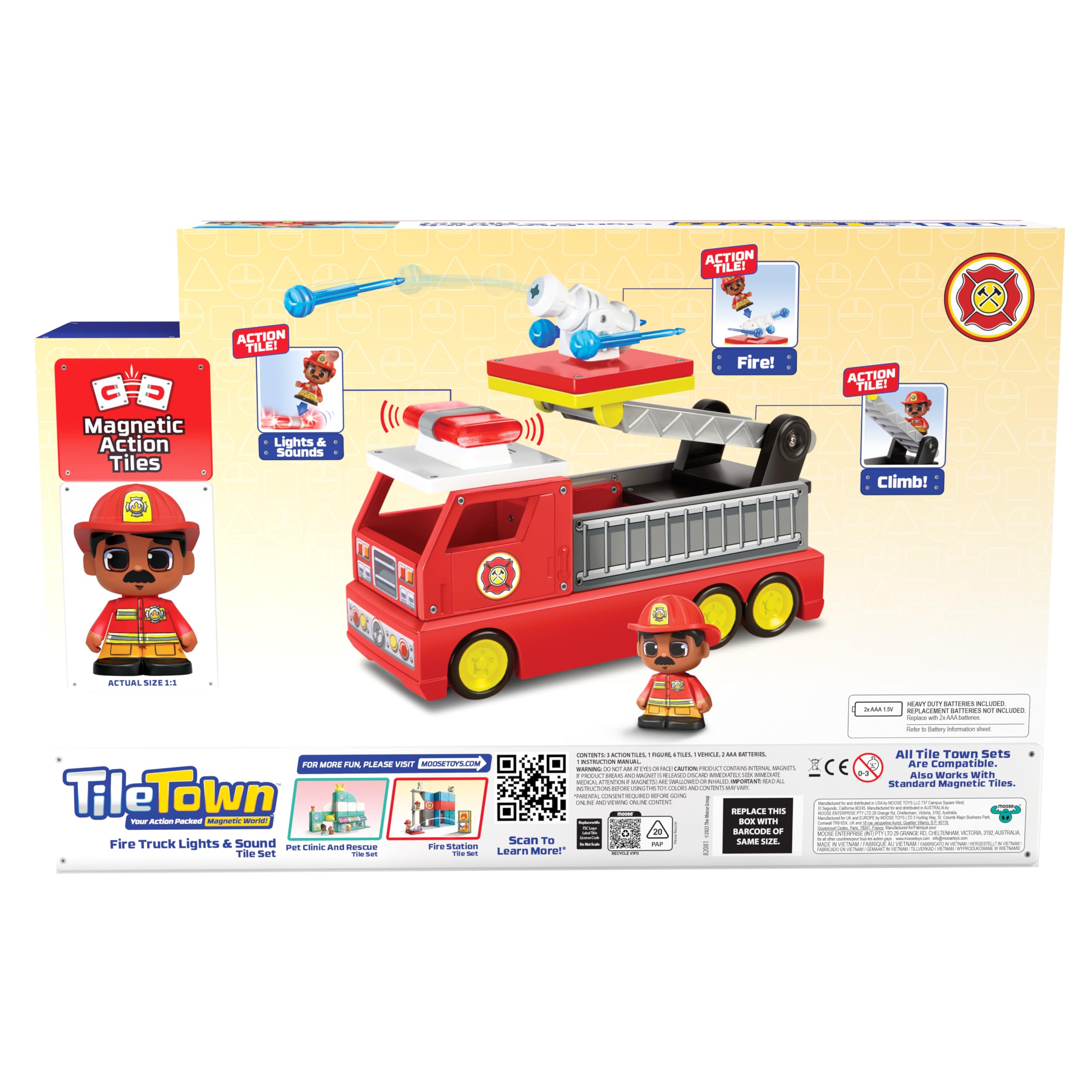 TILE TOWN Firetruck Magnetic Tiles Building Vehicle Playset With Lights & Sounds + Figure, Kids 3-5+, New ACTION TILES for Action Play, Realistic Builds, STEM Creative Toy, Great Gift for Boys & Girls