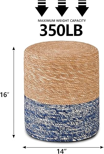 Miniatura 3 de Wimarsbon Taburete Natural de Sereno Marino, Otomana Redonda Tejida a Mano, para Sala de Estar, Asiento para Exterior (Natural y Azul) Espadaña