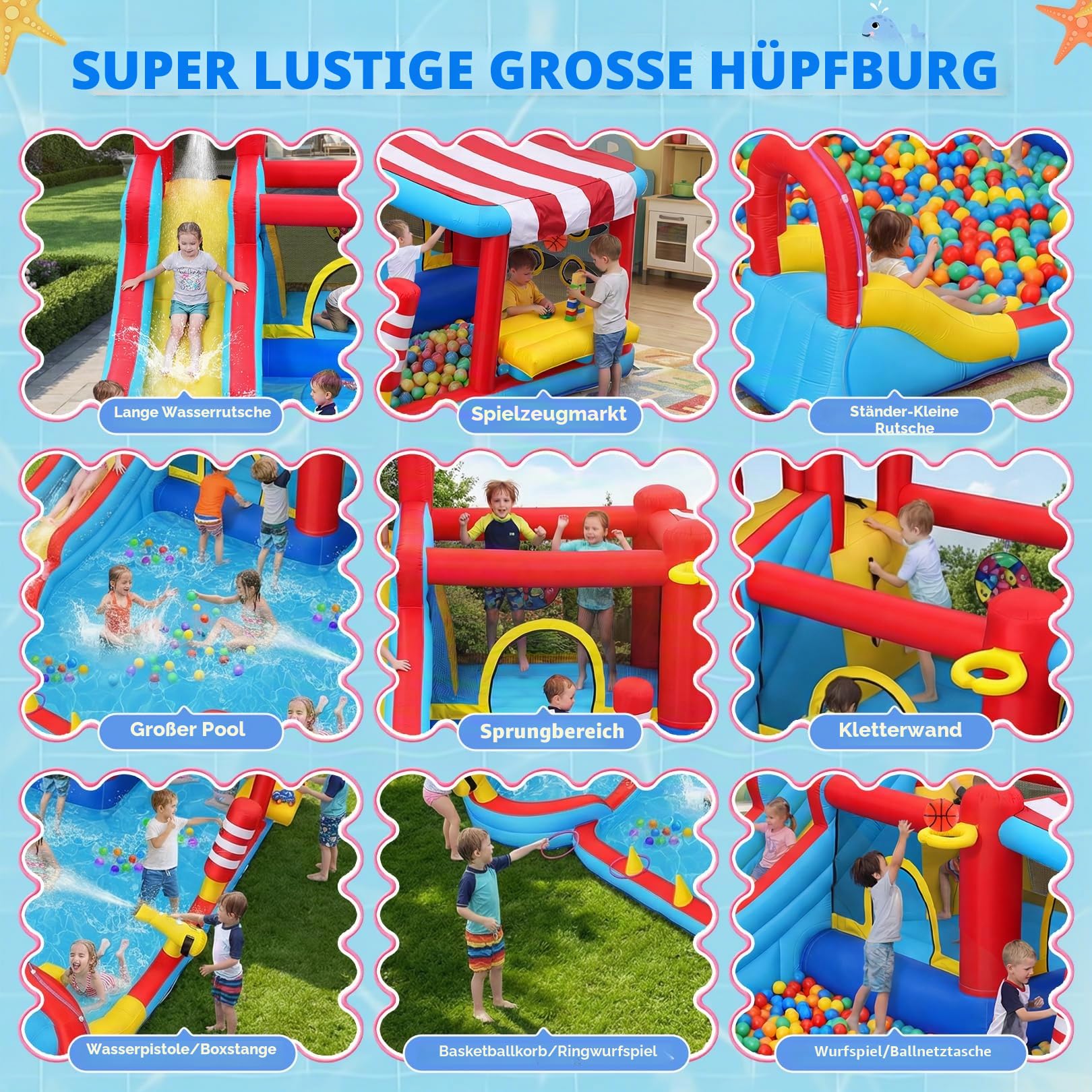 Aufblasbare Wasserrutsche 15‑in‑1 Hüpfburg Wasserpark mit Langer Rutsche & großem Pool, Snack‑Stand mit Sonnendach, Mini‑Rutsche, Sprühnebel & Wasserkanonen für Kinder, Garten Outdoor Party Geschenk