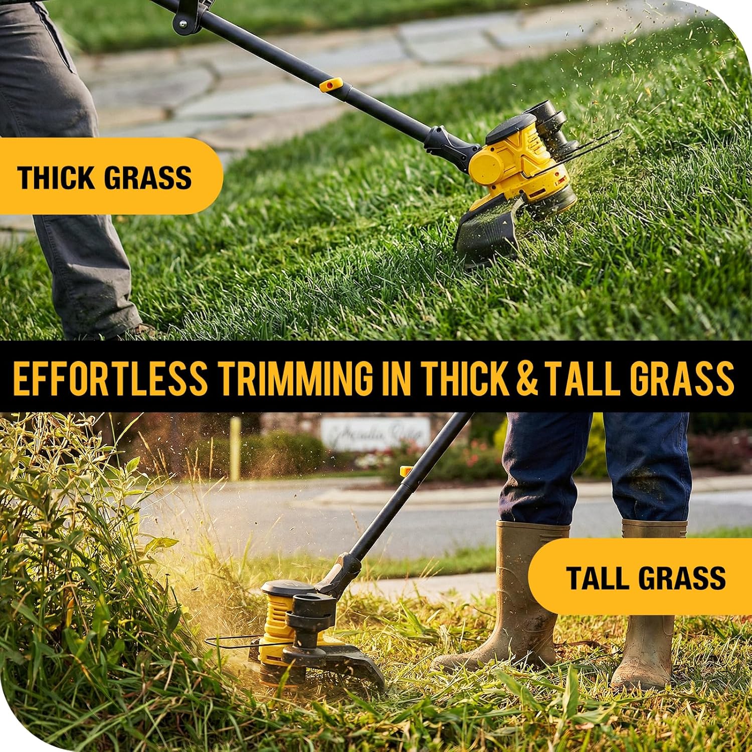 12-inch 20V Cordless String Trimmer with Charger, 2 X 4Ah Battery Powered Grass Mover with Auto Line Feed, 2 in 1 Lawn Edger with 8 Pcs Grass Cutter Spool Line, Yellow