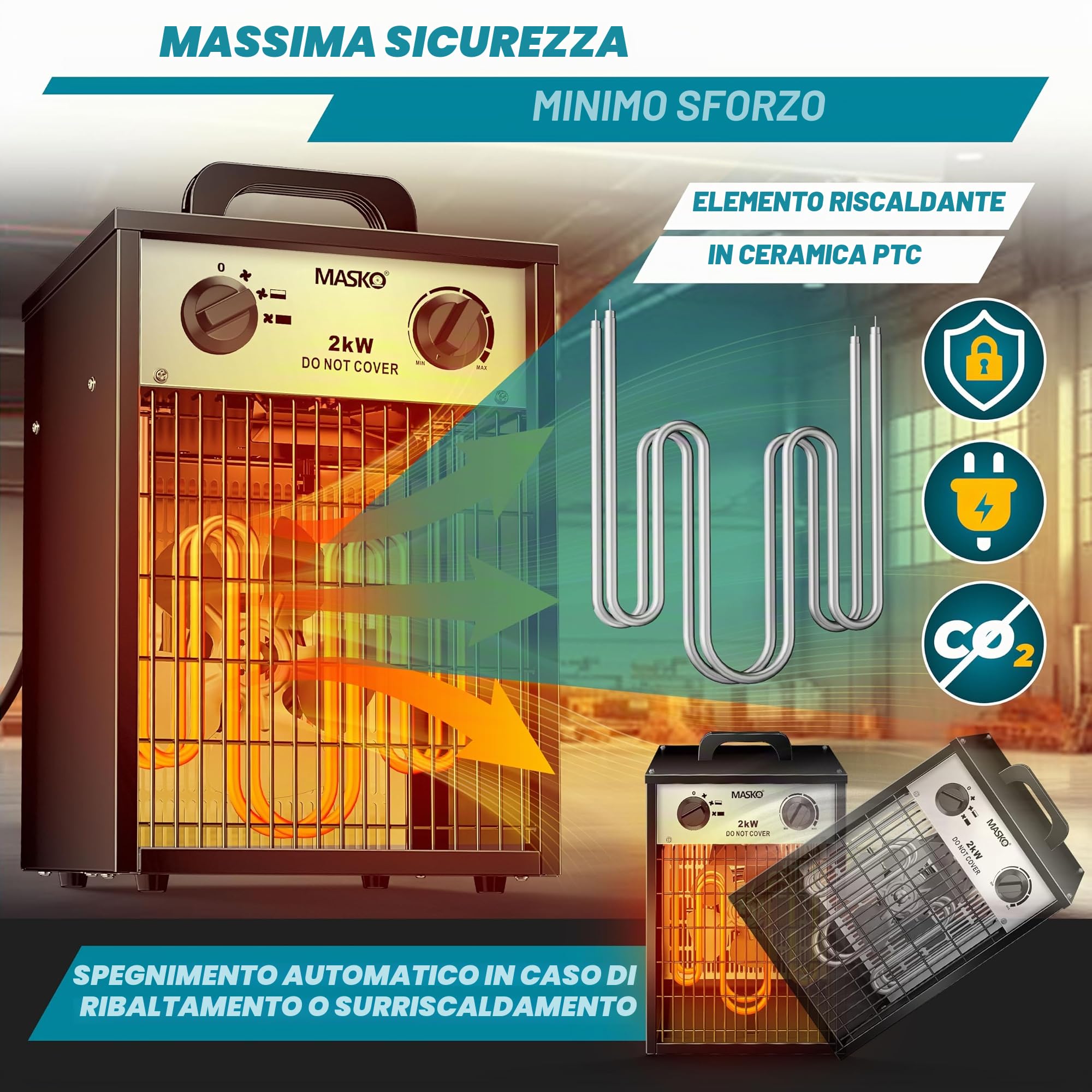 Masko® Riscaldatore elettrico 2 KW con termostato, 2000 Watt, 3 livelli riscaldamento, uso interno-esterno, protezione sovraccarico, ventilatore bianco
