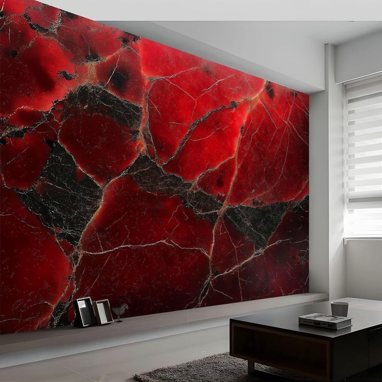 fotografica in tessuto non tessuto, effetto marmo, rossa, murale con muro di mattoni, decorazione murale, soggiorno, camera da letto, appartamento, rosso, 250 cm x 175 cm