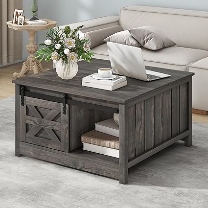 DWVO Farmhouse Coffee Table with Storage: Wooden Square Center Table with Sliding Barn Door, Small Living Room Table Dark Oak