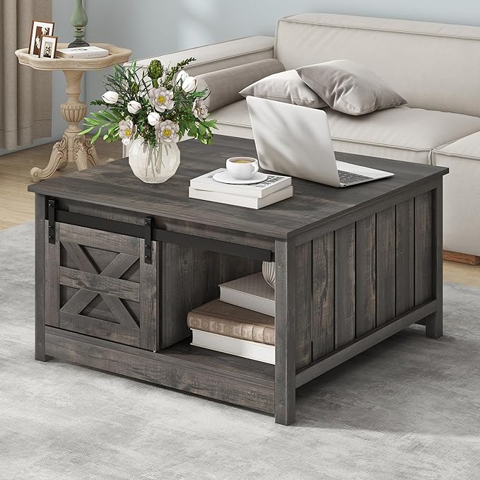 DWVO Farmhouse Coffee Table with Storage: Wooden Square Center Table with Sliding Barn Door, Small Living Room Table Dark Oak