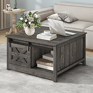 DWVO Farmhouse Coffee Table with Storage: Wooden Square Center Table with Sliding Barn Door, Small Living Room Table Dark Oak
