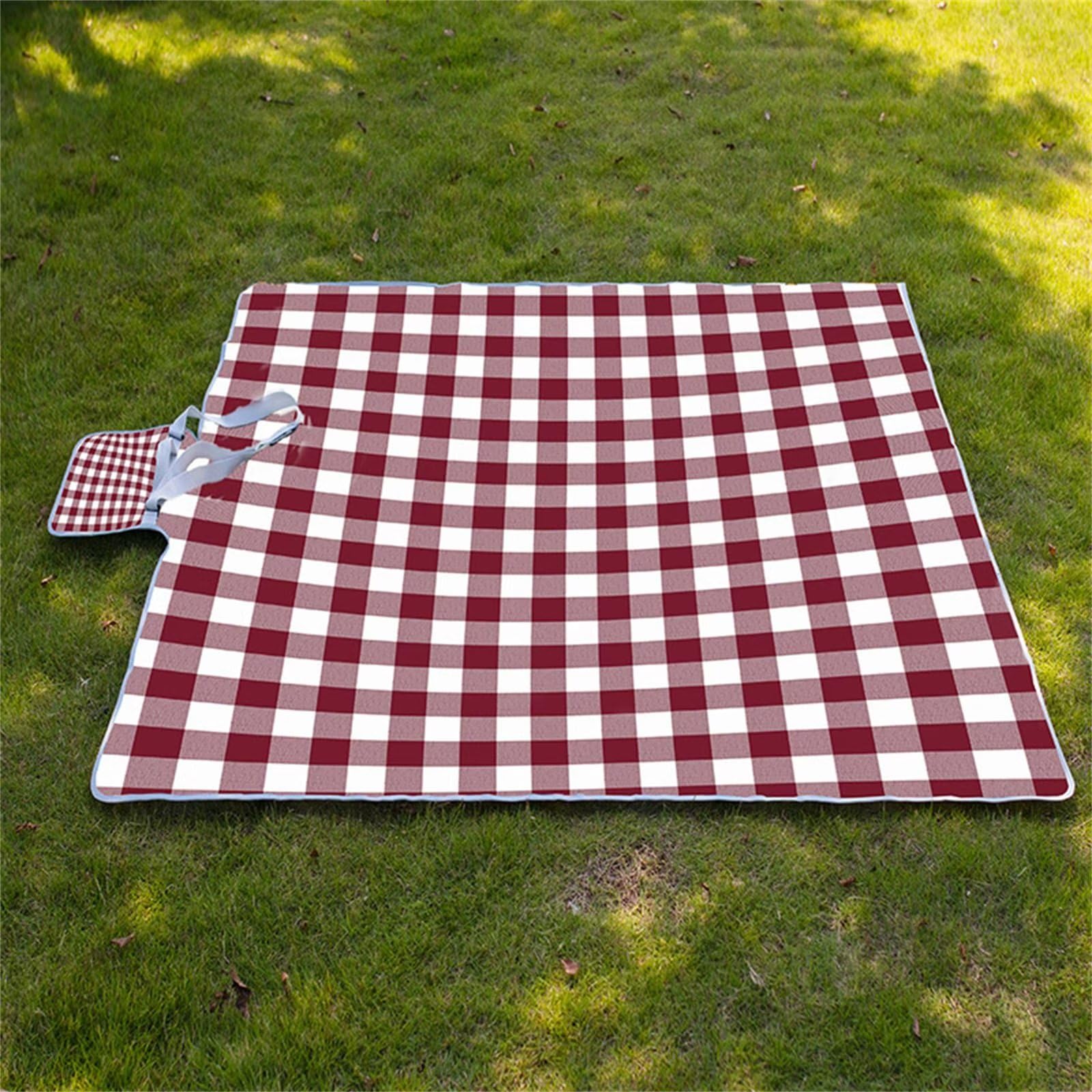 Manta Picnic Impermeable 180x200cm,Lavable Picnic Blanket,Ultrasónica Mantel Picnic,con Mango Multifunción para Acampar Playa Parque de Senderismo,Cuadros Rojos Blancos