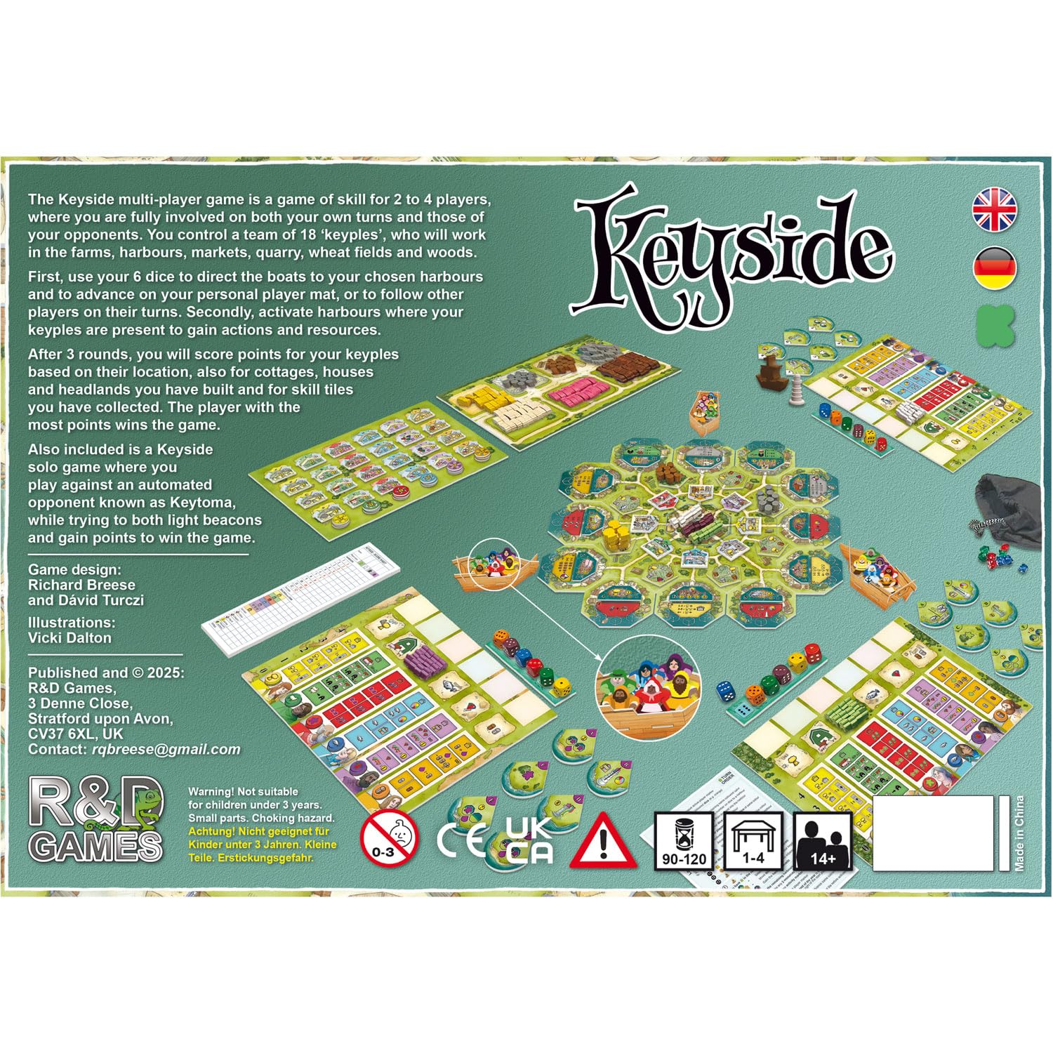 HUCH! Keyside, Kennerspiel, Würfelmanipulation und Arbeiterstrategien, Strategiespiel mit spannenden Szenarien, Für 1–4 Spieler ab 14 Jahren