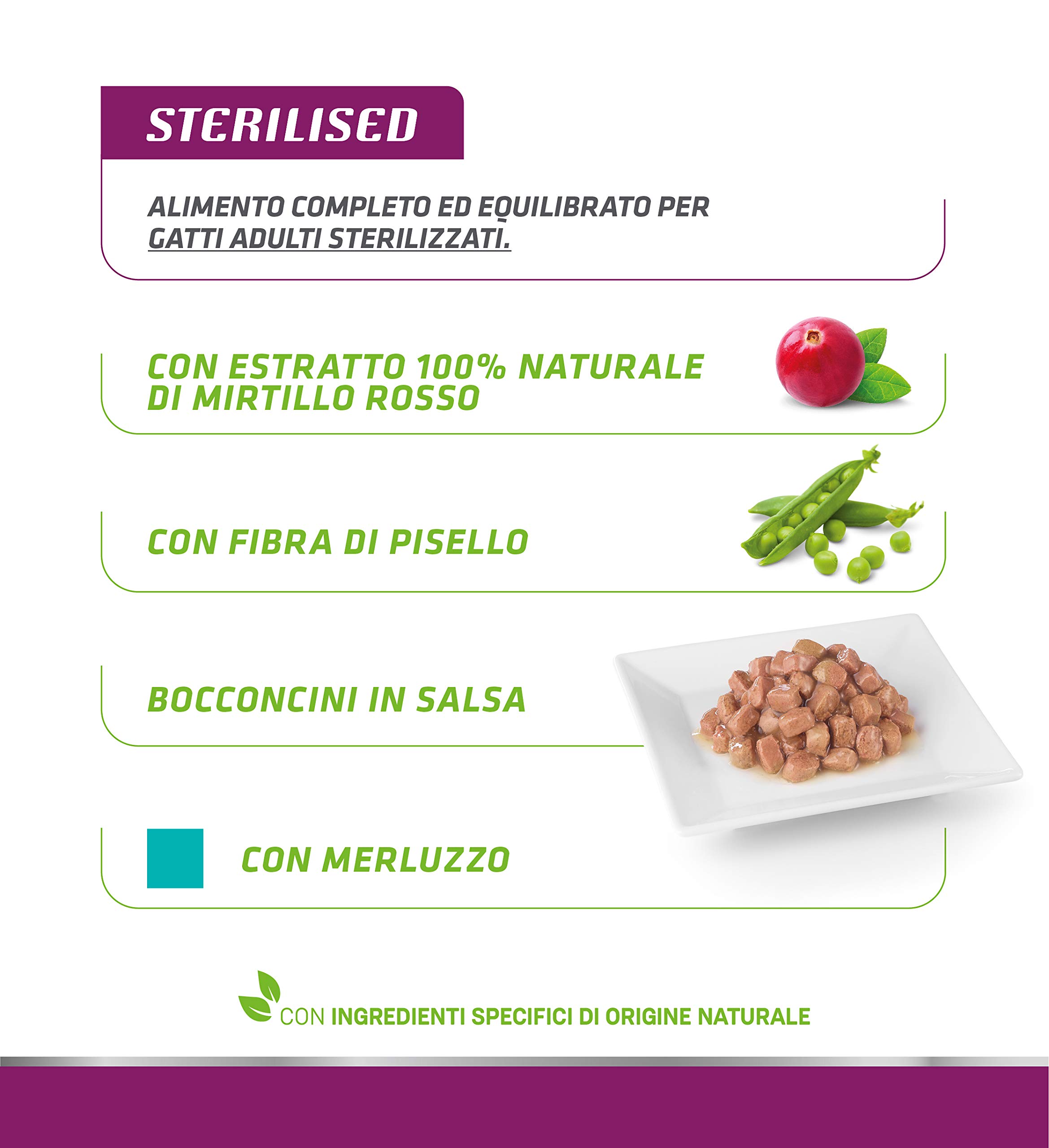 Natural Trainer Sterlisied Adult Cibo Umido per Gatti con Merluzzo e Fibra di Pisello 12 buste x 85 g - 1020 gr