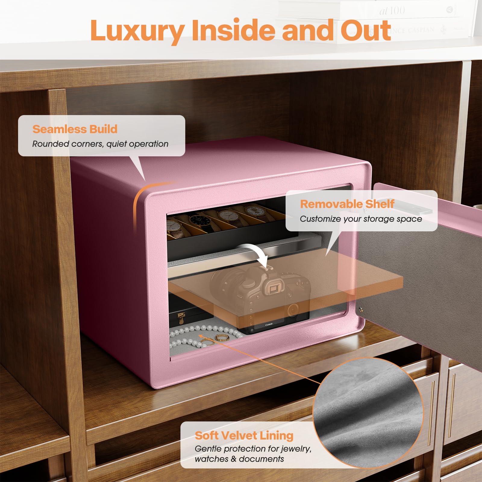 GoldenKey Cassaforte per impronte digitali rosa, cassaforte di sicurezza biometrica da 1,6 m Cu Ft con tastiera touchscreen, cassaforte per gioielli per contanti, cassaforte impermeabile ignifuga per