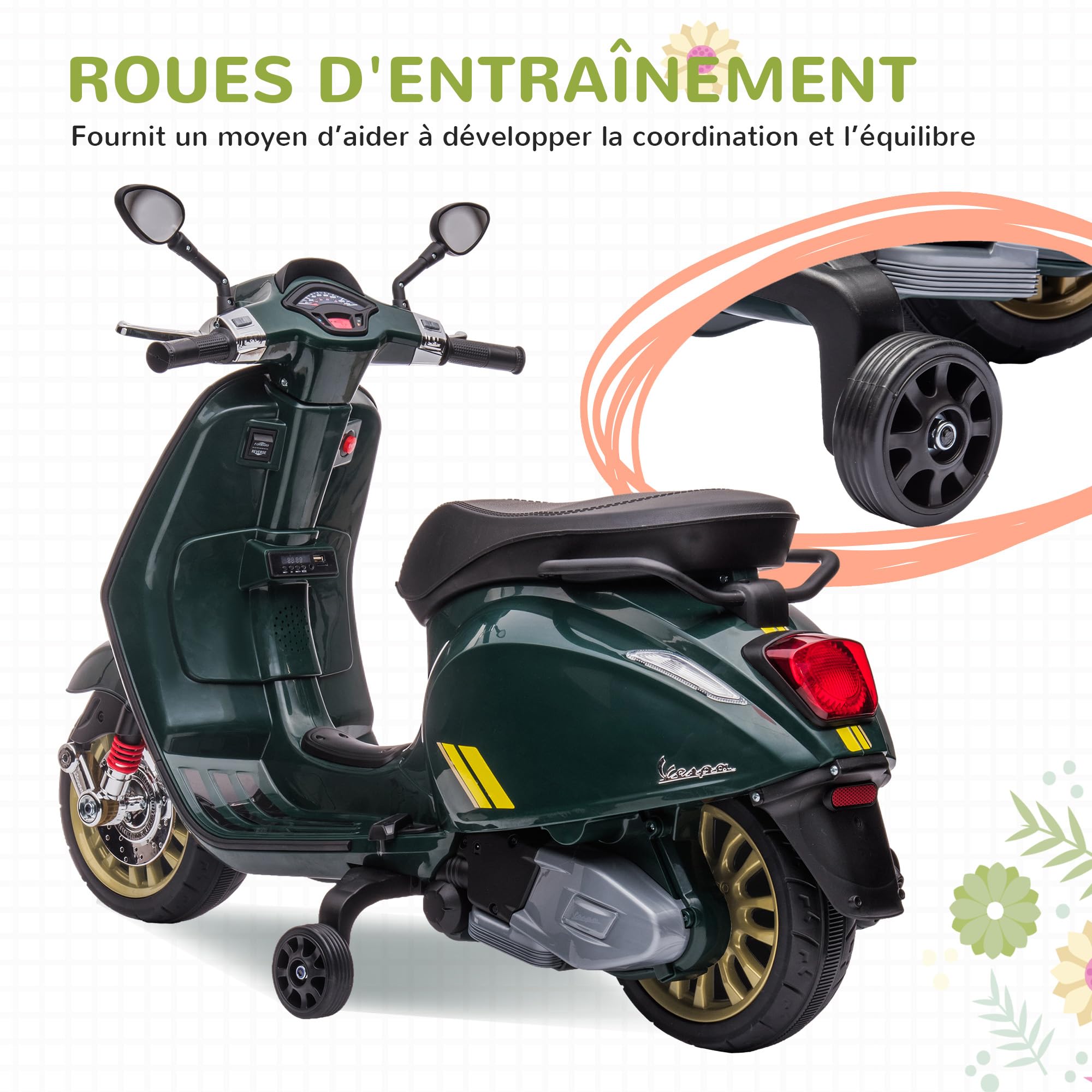 AIYAPLAY Scooter elettrico Vespa 6 V moto elettrica per bambini 3-6 anni dim. 107L x 47W x 73H cm Musica MP3 Porta USB Radio FM Faro 2 ruote di allenamento - Verde | Moto Elettrica Per Bambini 3-6 Anni, Musica MP3, Porta USB, Radio FM, Faro, 107L x 47L x