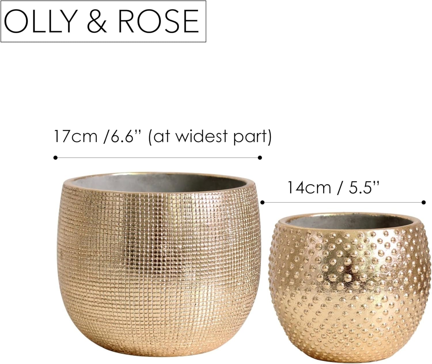 Olly & Rose Bali Ceramic Gold Foil Plant Pot Set 2-6.6 + 5.5 Inch Indoor Planters Cement Outdoor Flower Pots