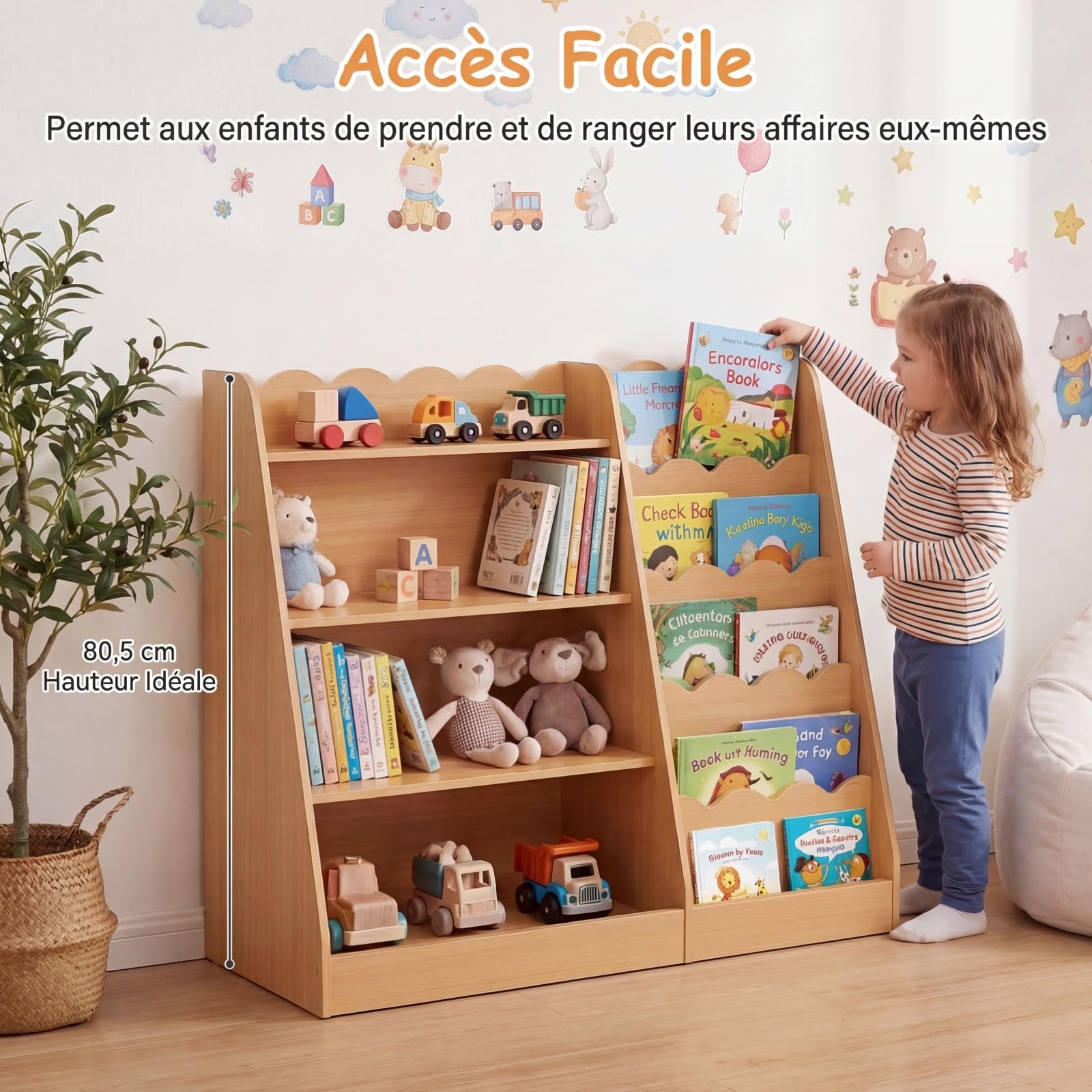 COSTWAY Bibliothèque Enfant Montessori avec 5 Niveaux Ondulés, 4 Étagères Ouvertes, Étagère à Livres en Bois avec Kits Anti-basculement, Meuble Rangement pour Chambre Salle de Jeux Crèche (Naturel)