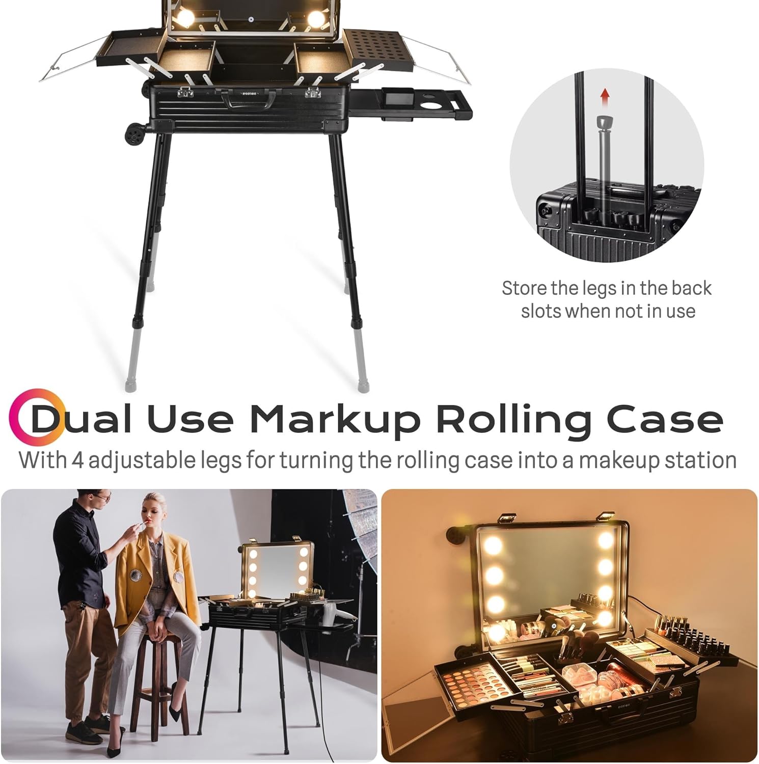 BYOOTIQUE Rolling Makeup Case with LED Lighted Mirror 24 Inch Professional Cosmetic Organizer Storage Travel Aluminum Trolley Case with Extendable Tray Adjustable Leg For Makeup Artist Studio Salon