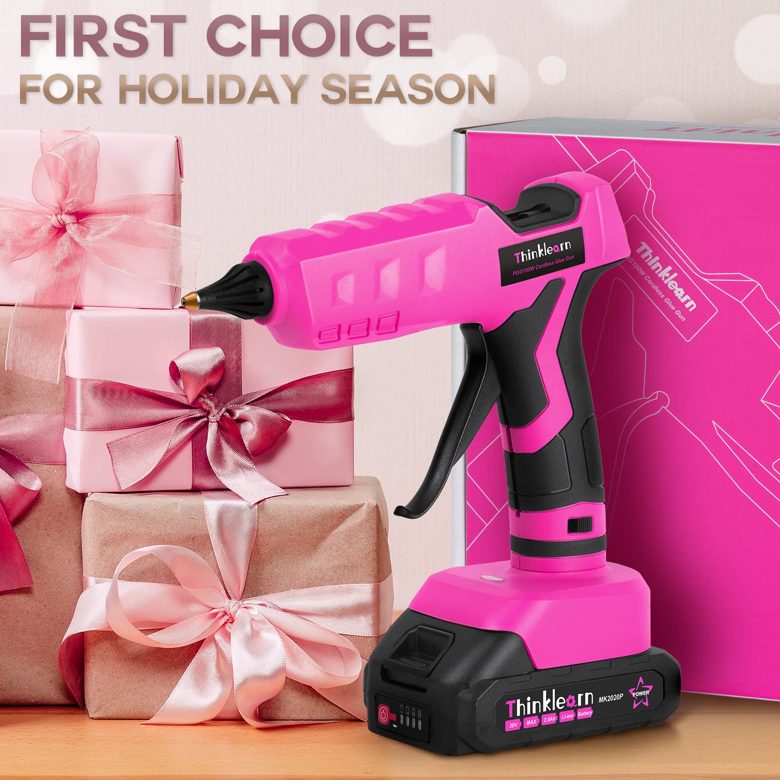 Pistola per colla a caldo, 20 V, rosa, senza fili, con 30 bastoncini di colla a grandezza naturale, batteria ricaricabile da 2 Ah, kit per fai da te, arti e artigianato, decorazioni, regalo per donne