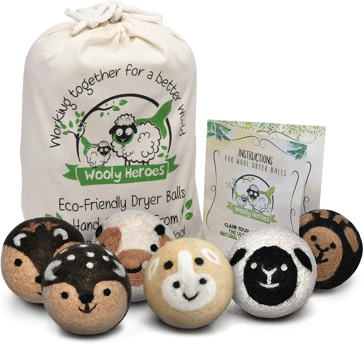 Wooly Heroes Wool Dryer Balls - Organic Eco Friendly - 6-Pack XL ~ Reusable Fabric Softener ~ with Free Natural Laundry eBook (Baby Cow &amp; Friends)