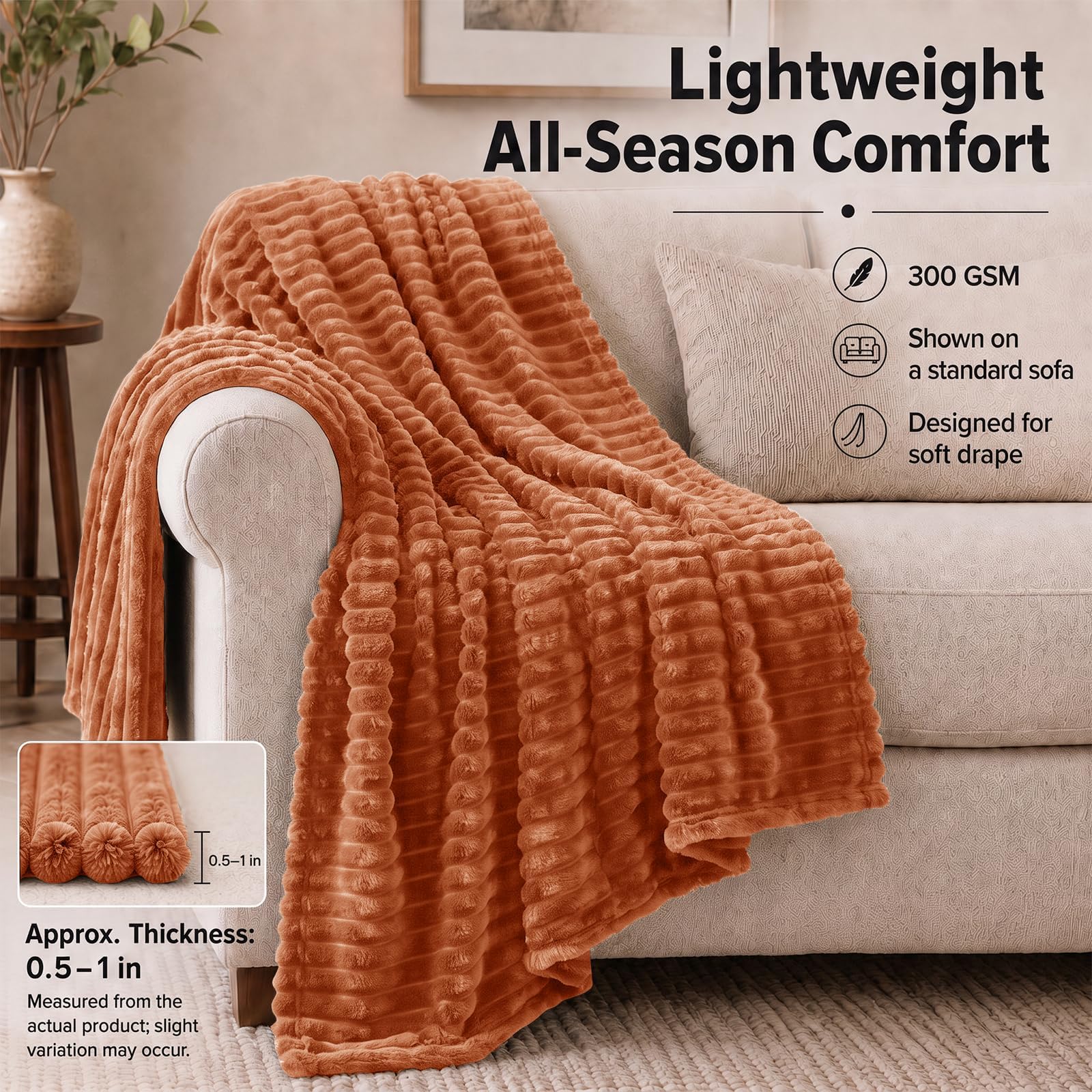 HIMEET Burnt Orange Throw Blanket for Couch, 300GSM Ribbed, 50 x 60 Inches view 2
