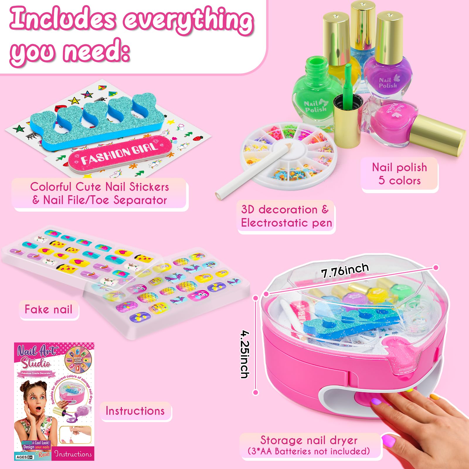 Juego de esmaltes de uñas para niñas, kit de arte de uñas para niños de 7 a 12 años, salón de uñas todo en uno con secador de uñas y uñas postizas a presión, decoración de bricolaje, esmalte 9