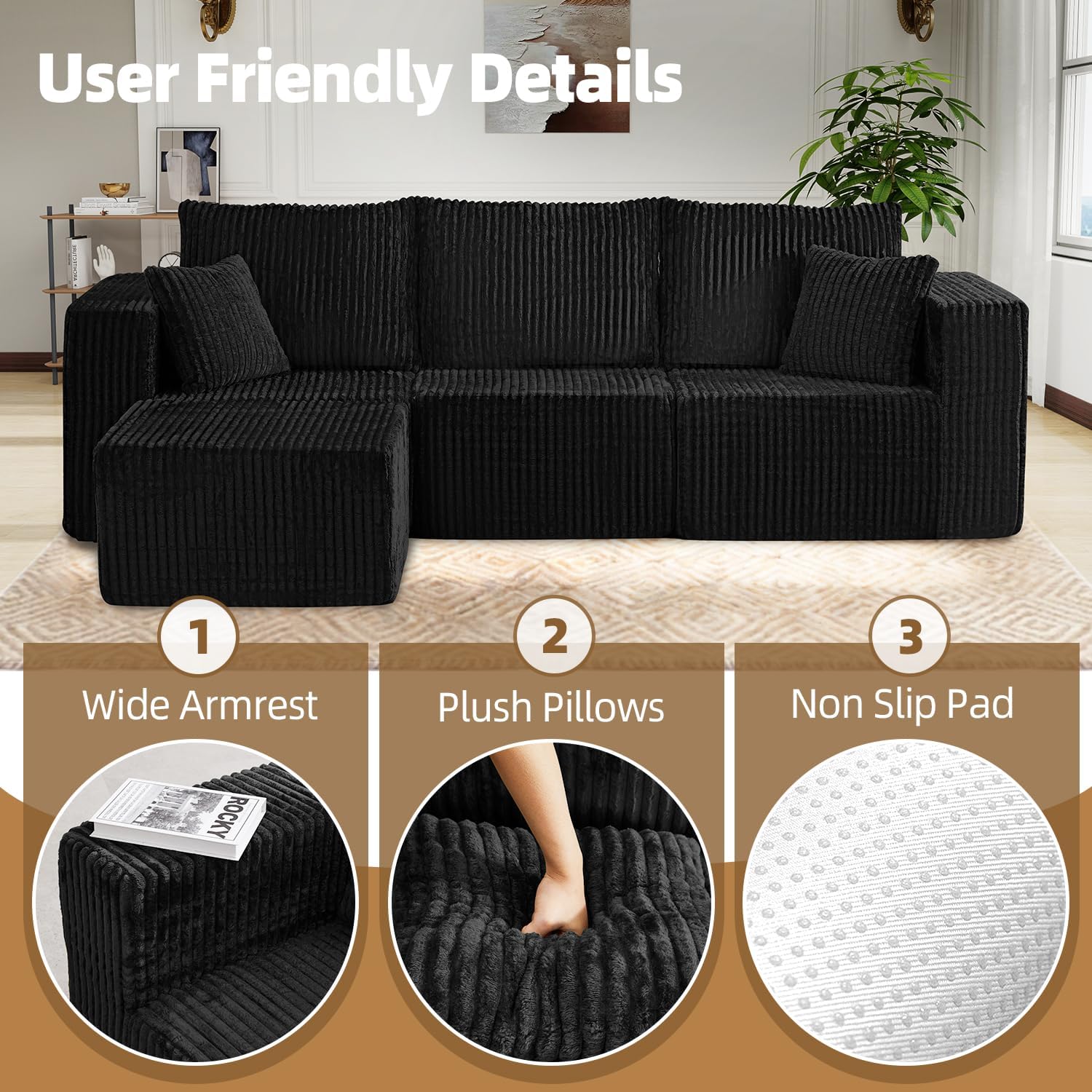 98" Modular Sectional Sofa, L-Shaped 3 Seater Boneless Couch with Ottoman, Modern Cloud Sectional Couch Deep Seat Sofa for Living Room Bedroom Apartment, No Assembly Required, Black