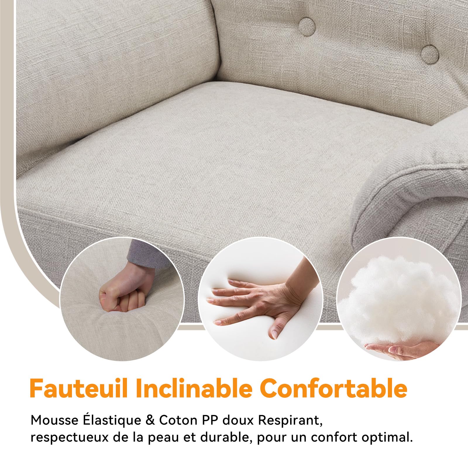 COMHOMA Fauteuil de Relaxation, Fauteuil Inclinable avec Tabouret, Dossier 4 Niveaux Réglable, Poche latérale, Fauteuils Rembourré Sac à Ressorts Simple Salon Chambre Cinéma, Chenille, Beige