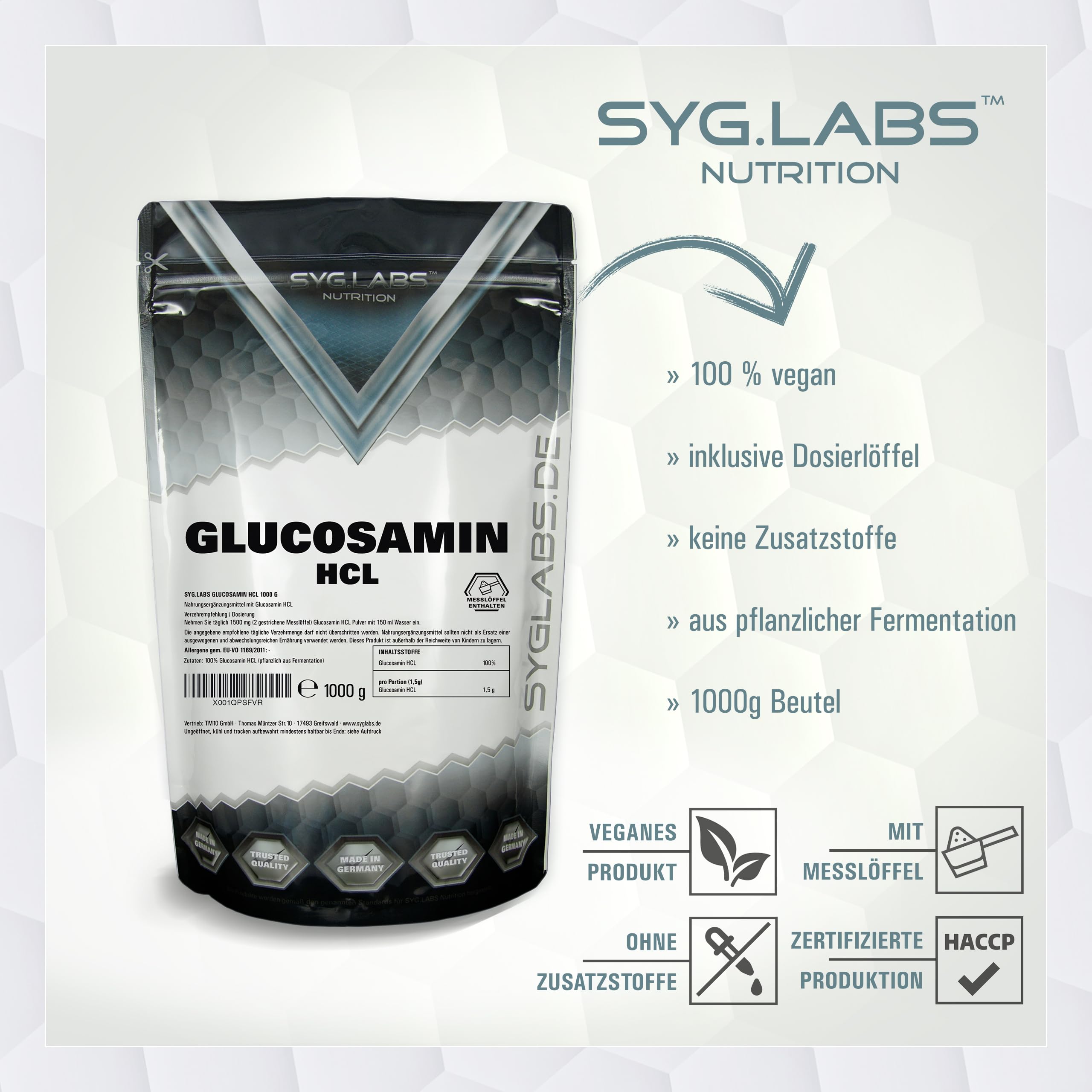 Glucosamin HCL - 1000g reines Glucosamin HCL Pulver - hochdosiert aus pflanzlicher Fermentation - 1kg vegan - Premium Qualität