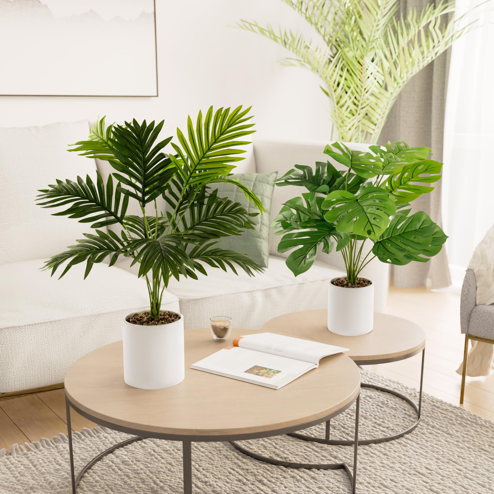 PASCH® 2er Set Monstera künstlich und Areca Kunstpalme (60cm) in weißen Keramiktöpfen: Kunstpflanzen groß | Kunstpflanzen wie echt | Fake Plant | Künstliche Pflanzen im Topf