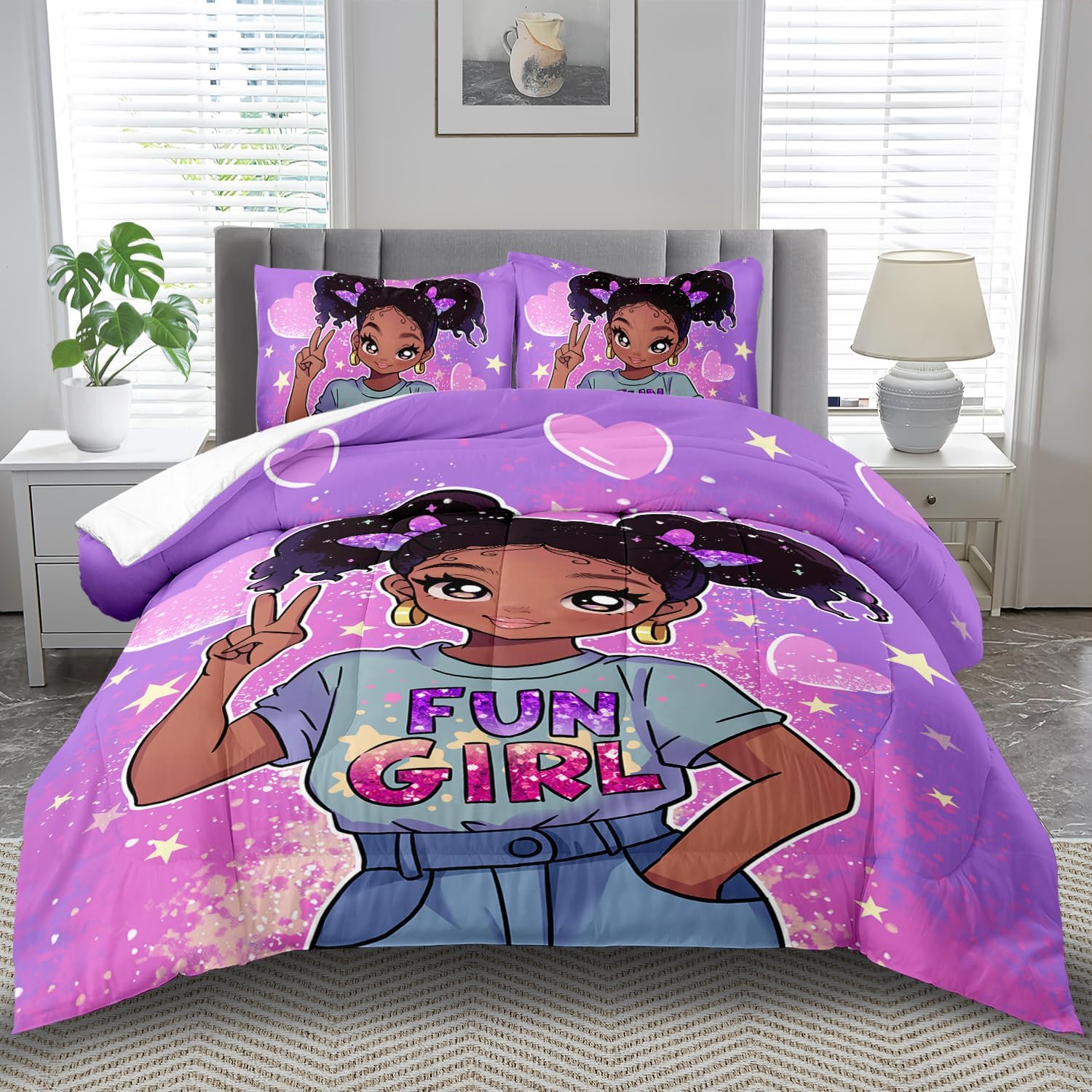African American Black Girl Comforter Set Full Size,Cute Black Girl Bedding Set Full for Kids,Kawaii Heart Comforter Purple Bedding Decor for Teen,Purple Bed Quilt - Image 3