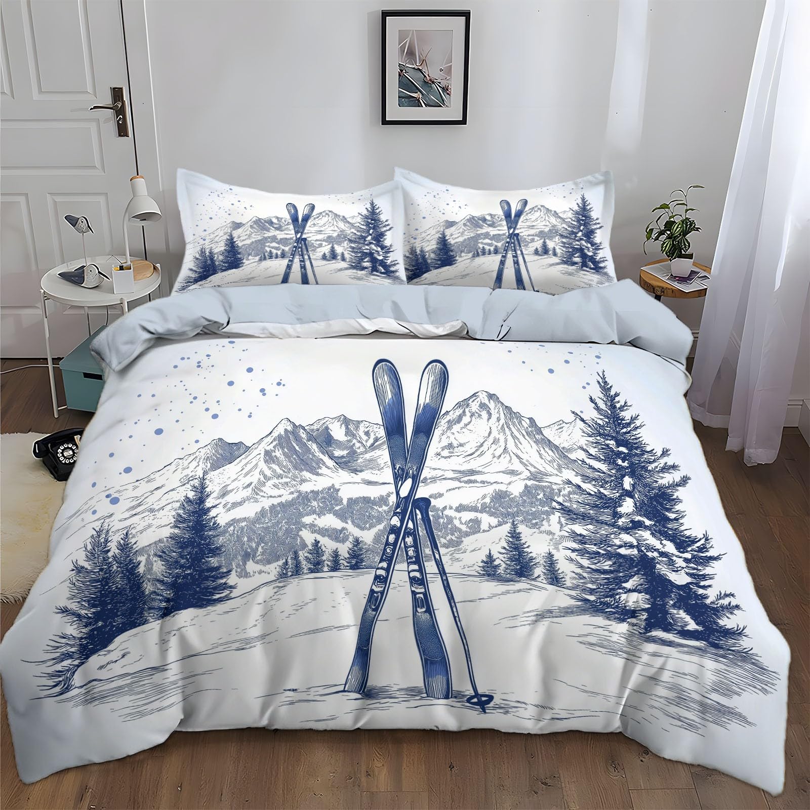 Zestaw pościeli 135/150 ręcznie rysowana stacja narciarska miękka deska snowboardowa poszewki na kołdrę 220x240cm i 2 poszewki na poduszki 50x75cm, błękitna pościel 3 sztuki, poszwa na kołdrę z