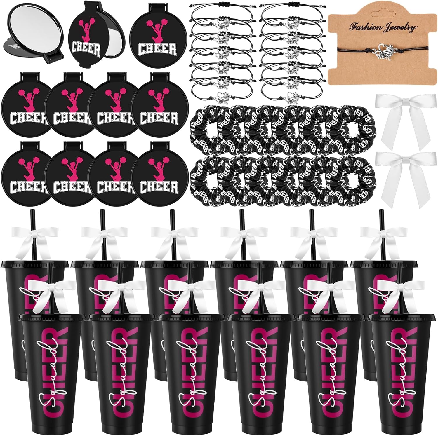 Reallnaive 60 Pcs Cheerleader Gifts Bulk for Team Include 12 Cheer Tumbler Cups with Straws and Lids 12 Bows 12 Bracelets 12 Scrunchies 12 Pcs Makeup Mirrors for Cheer Party Cheerleading