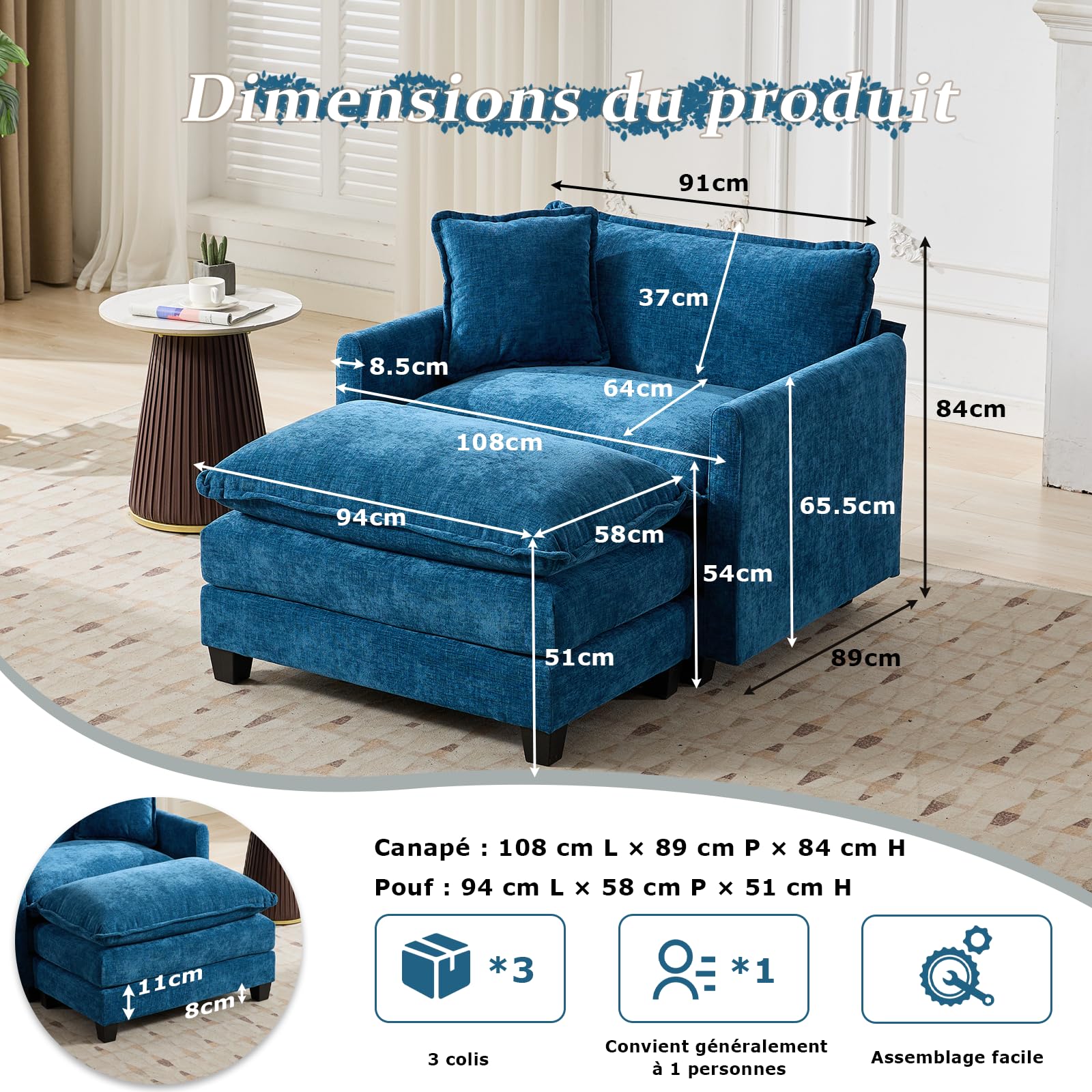 Fauteuil en chenille bleue avec pouf, double coussins et accoudoirs