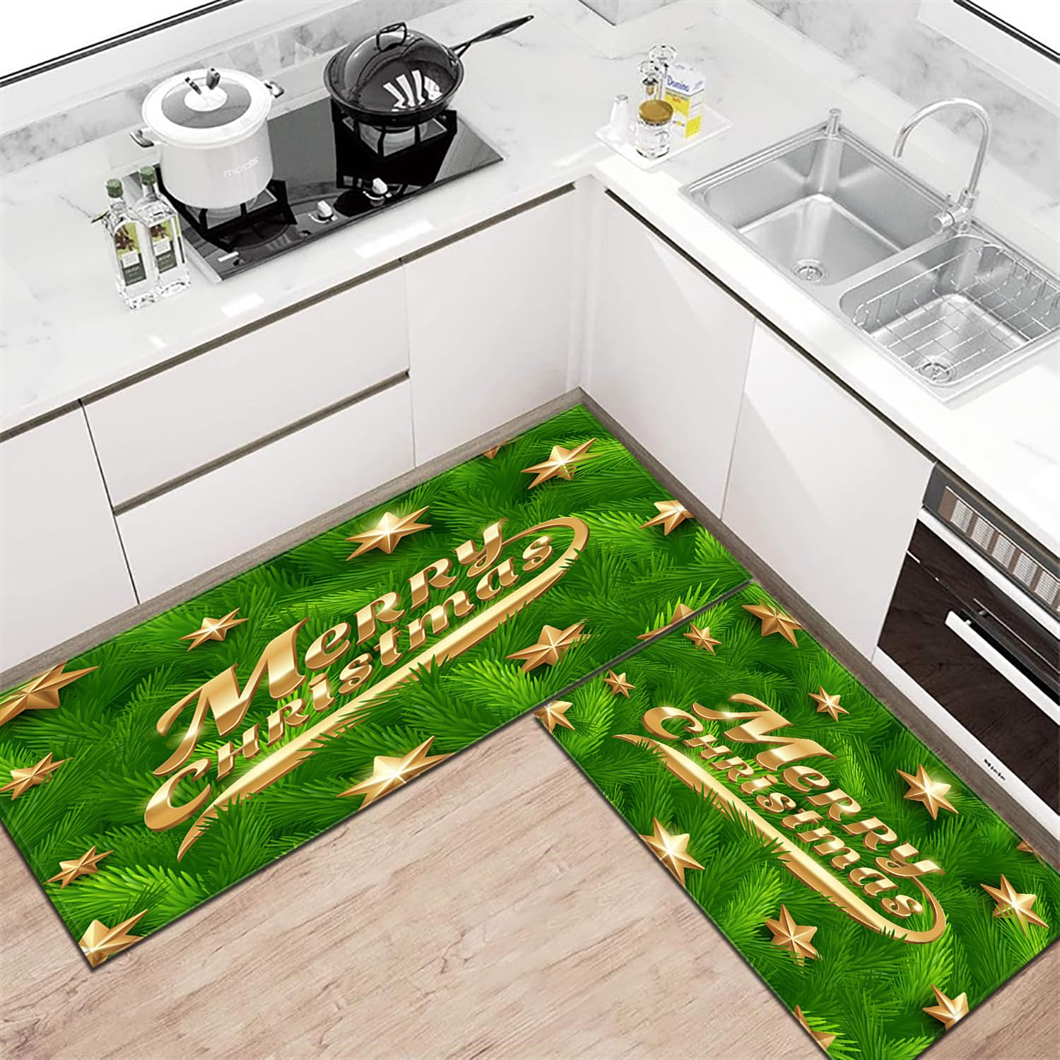 Tappeto Cucina Natale Verde, Tappeto Ingresso Interno Lungo di Natale, Tappeto Decorativo di Natale, Tappeto Runner Natalizio Antiscivolo per Camera da Letto Bagno Corridoio,60x180cm/24 x71