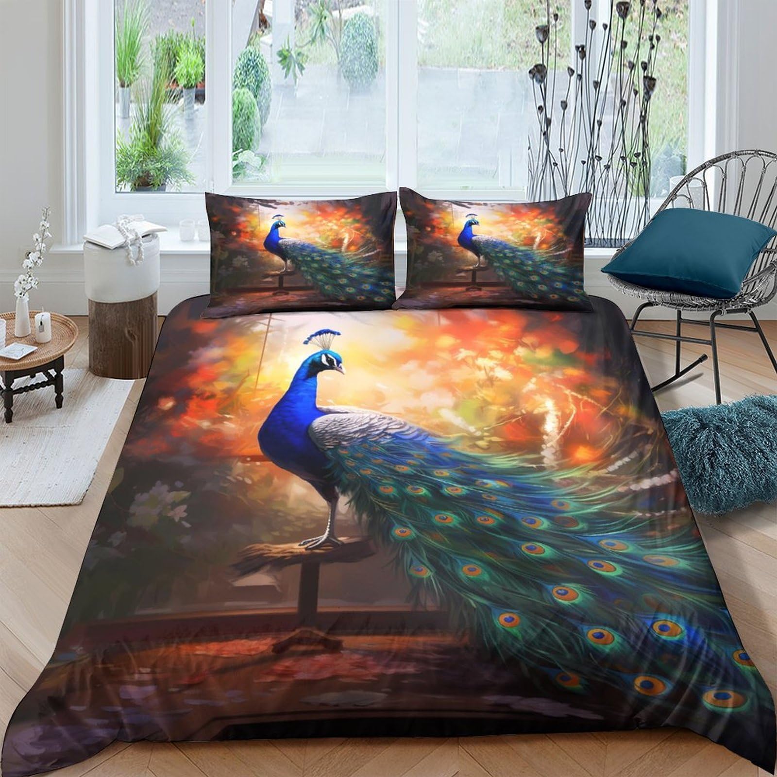 Ctjqhvkz Style-2 3D Printed Peacock Forest Fitted Sheet Microfiber Soft Anti-Slip Artistic Bed Cover For Bedroom Dorm Mattress Decor Single（135X200cm）