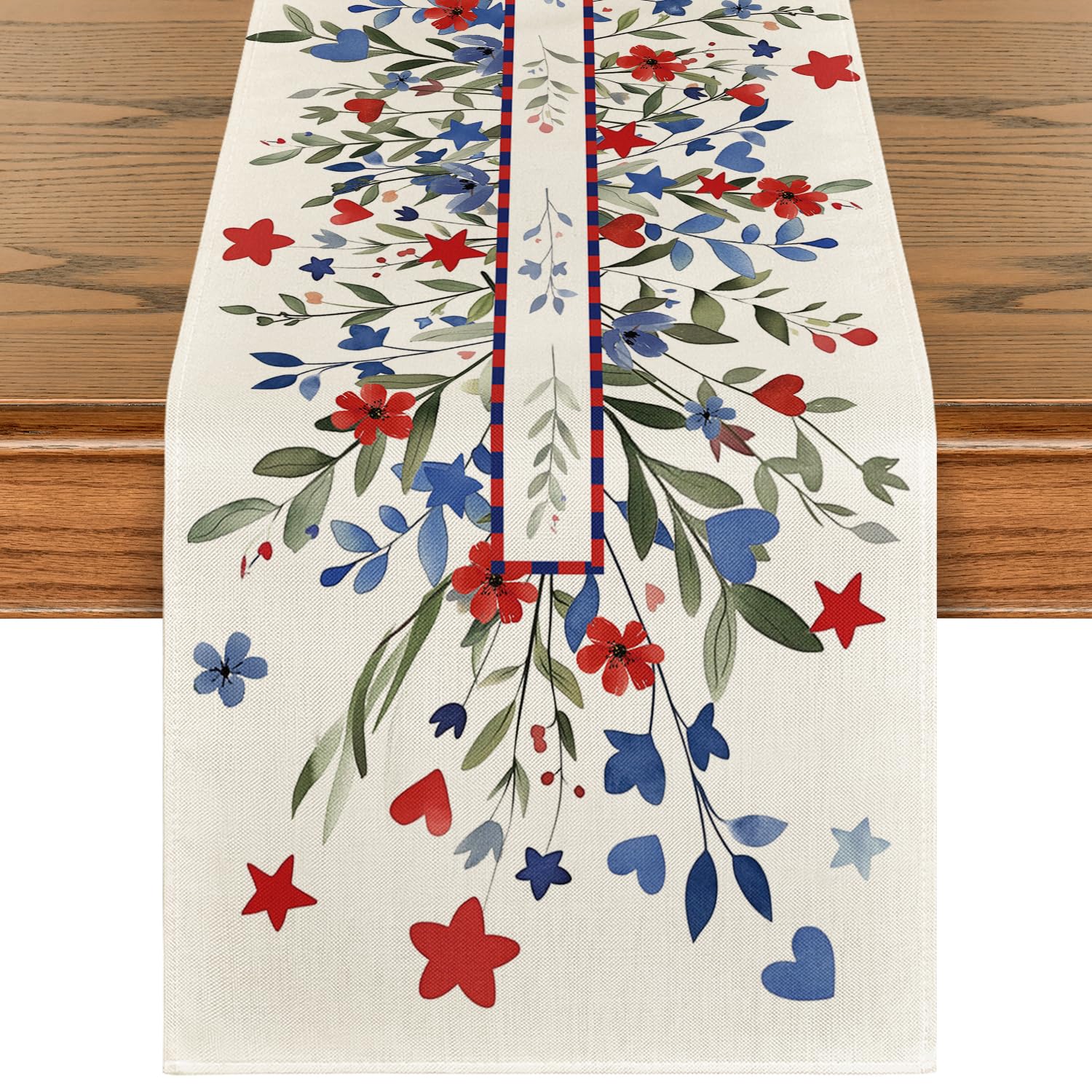 Artoid Mode Eucalyptus Floral Stars 4th of July Table Runner, Memorial Day Kitchen Dining Table Decoration for Home Party Decor 13x72 Inch