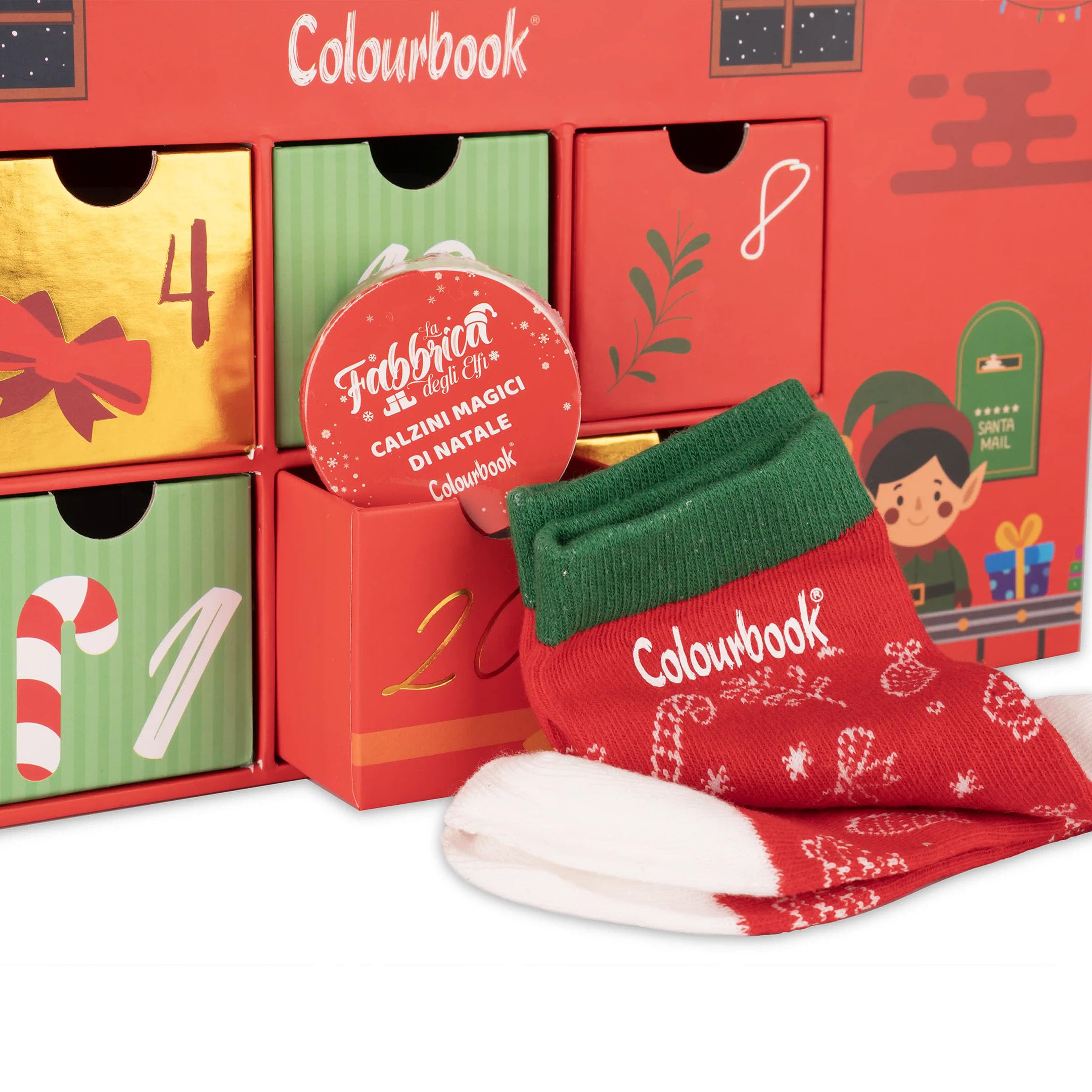 Colourbook - Calendario de Adviento 2025, Edición Fábrica de Elfos, 24 sorpresas exclusivas y útiles, caja rígida de colección con cajones, idea de regalo creativo para Navidad