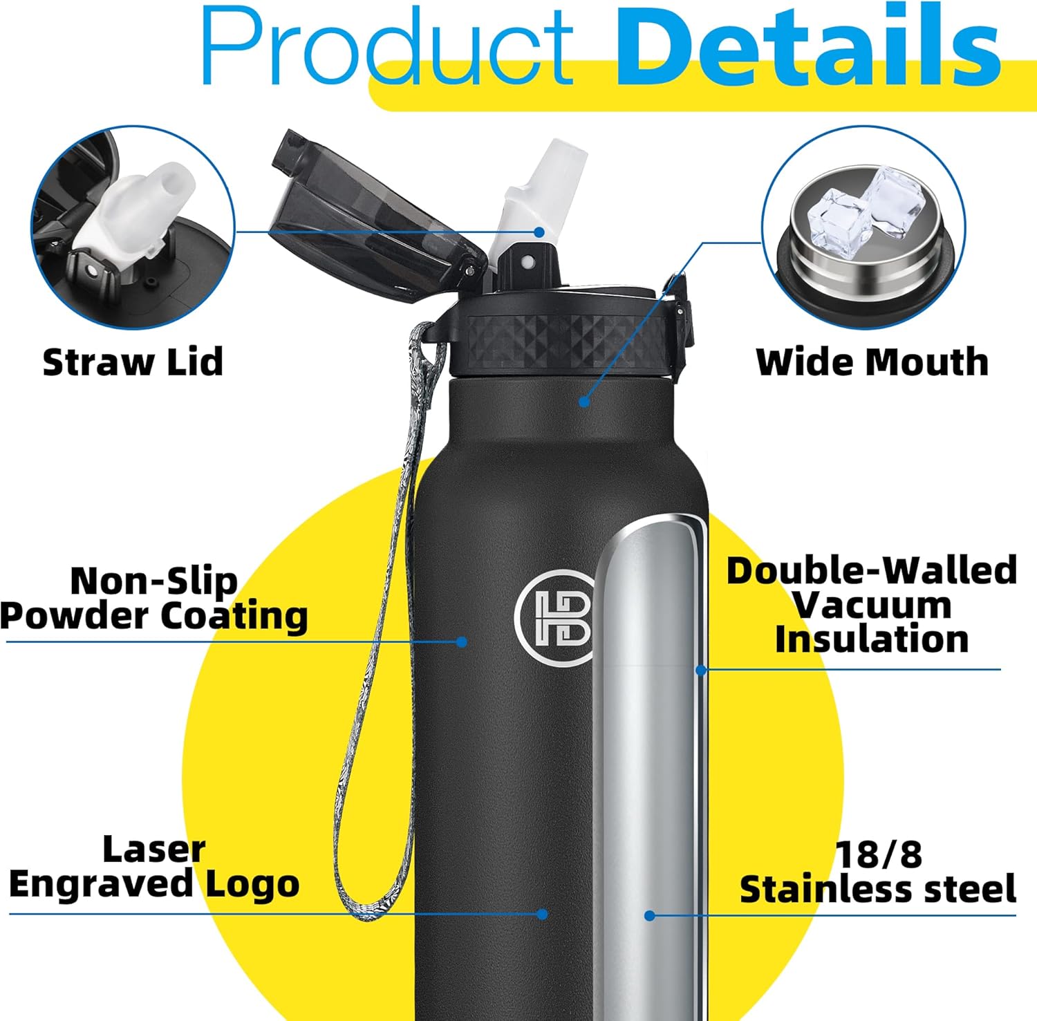 Han's Bottle Sports Water Bottle - 32 Oz, Straw Lid, Leak Proof, Vacuum Insulated Stainless Steel, Double Walled, Thermo Mug,Black - Image 5