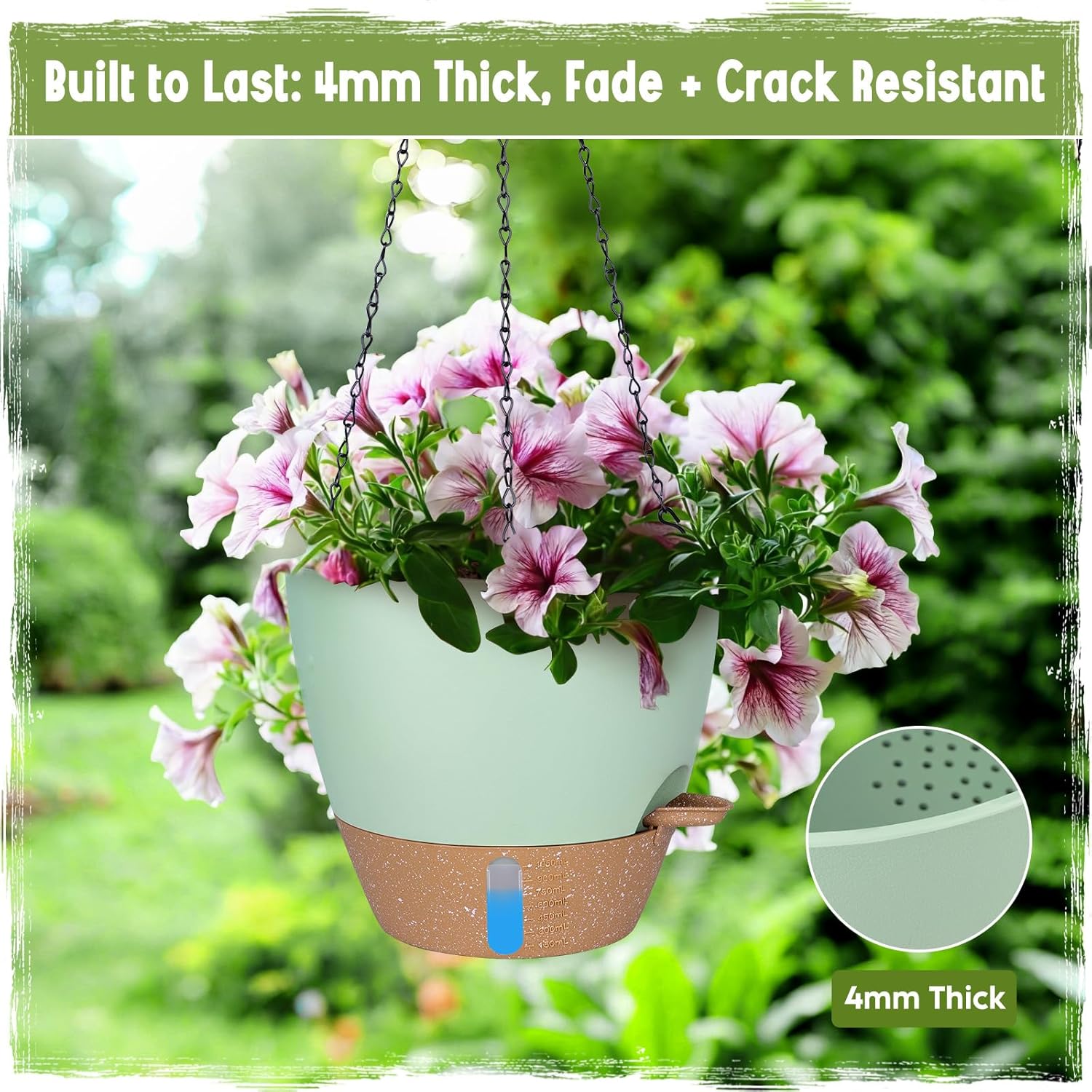 Self-Watering Hanging Planters with Water Level Window, 8/10 Inch Indoor Outdoor Hanging Plant Pots Includes Chain Hangers with Drainage Holes & Detachable Reservoir (Green, 8+10 inch)