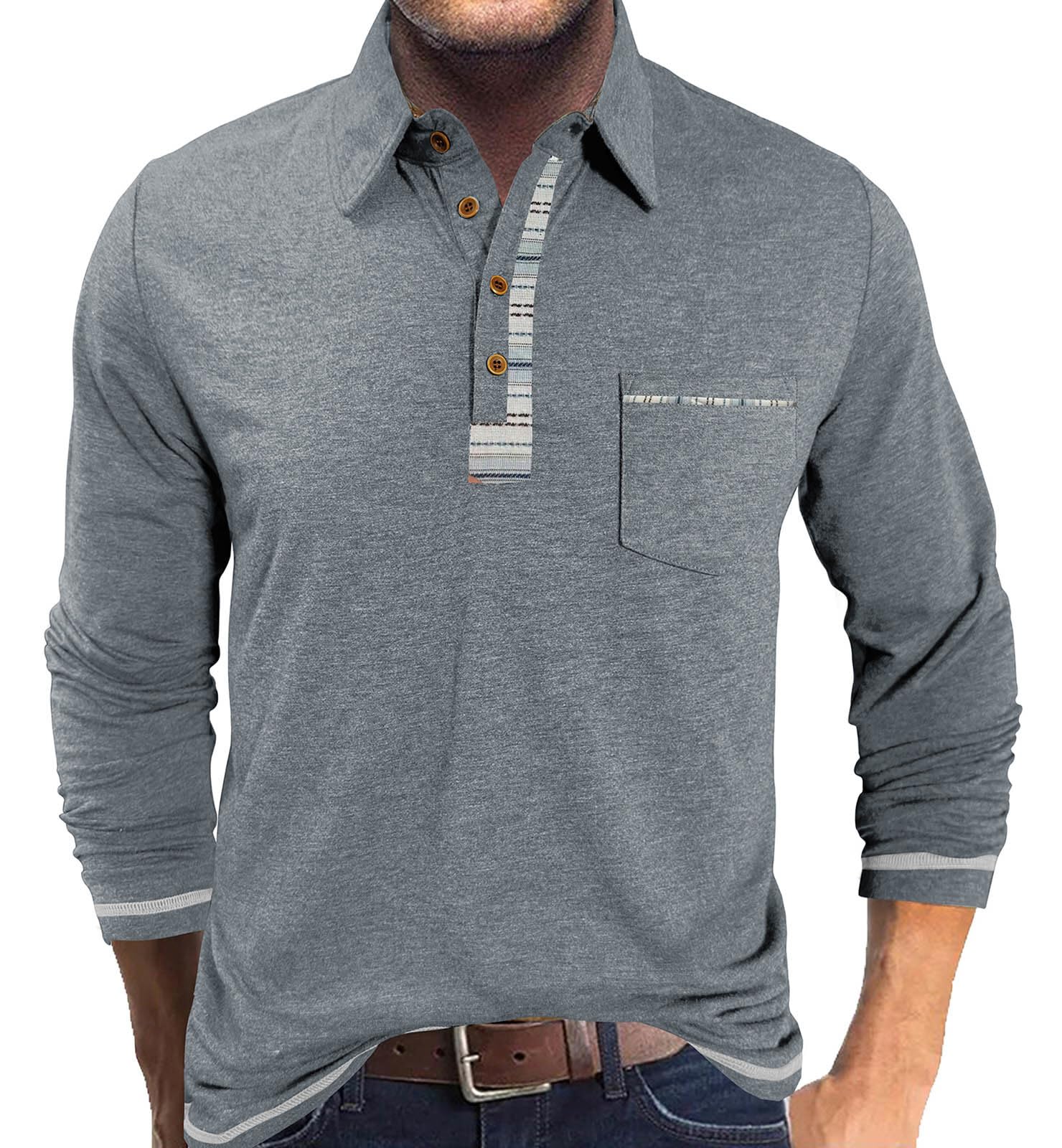 LAOARA Poloshirt Herren Langarm Polo Shirts Tshirt Männer mit Tasche Kragen Brusttasche Langarmshirt Tops M-3XL