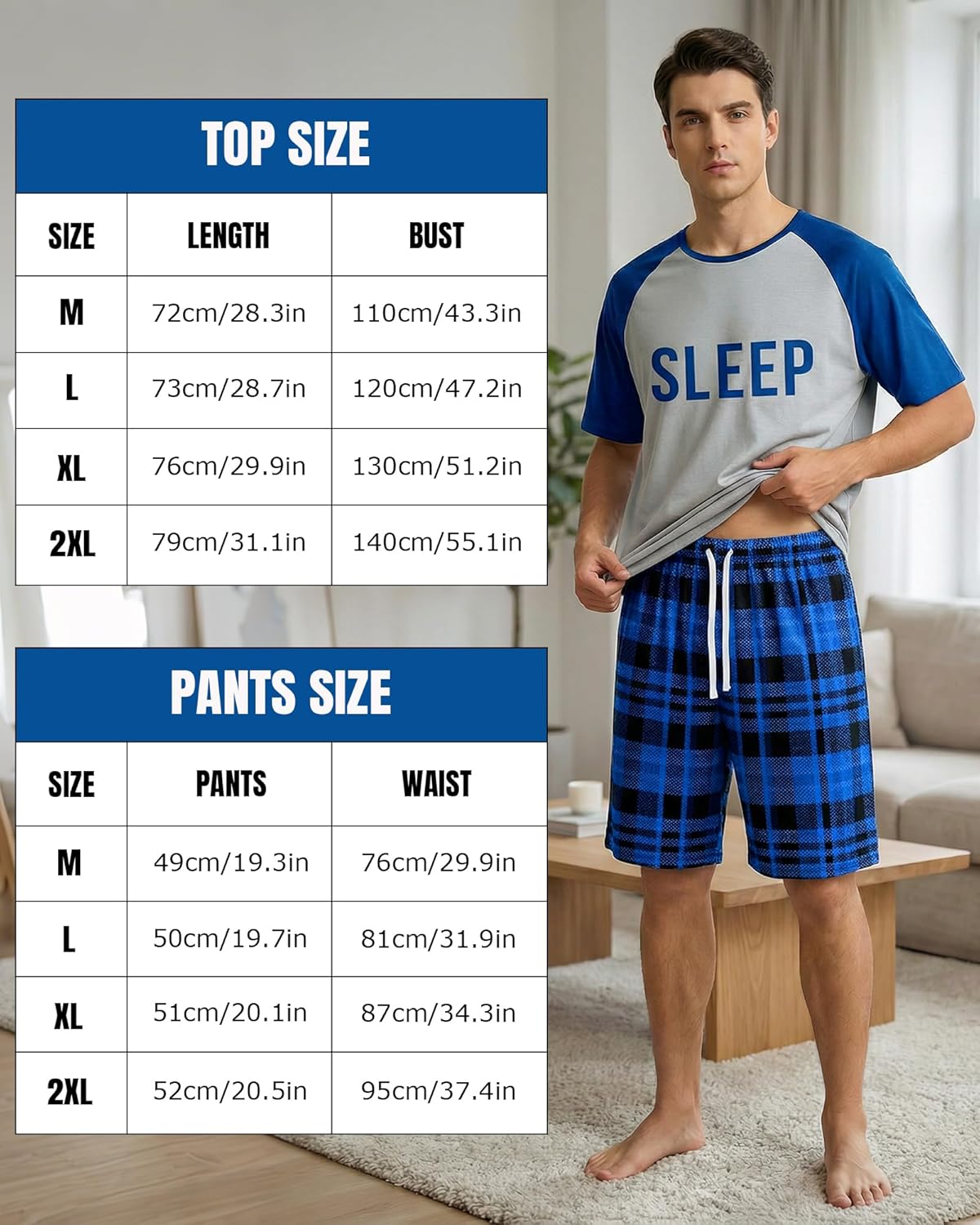 Mens Pajamas Set Soft Pjs Shorts Sleeve Sleep Set Summer Sleepwear 2-Piece Plaid Lounge Set with Pockets M-2XL - Image 6
