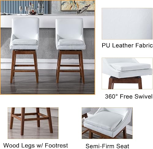 Miniatura 5 de Juego de 2 taburetes de bar de 27 pulgadas de altura de mostrador, de piel sintética, giratorios de 360, con respaldo y patas de madera, sillas