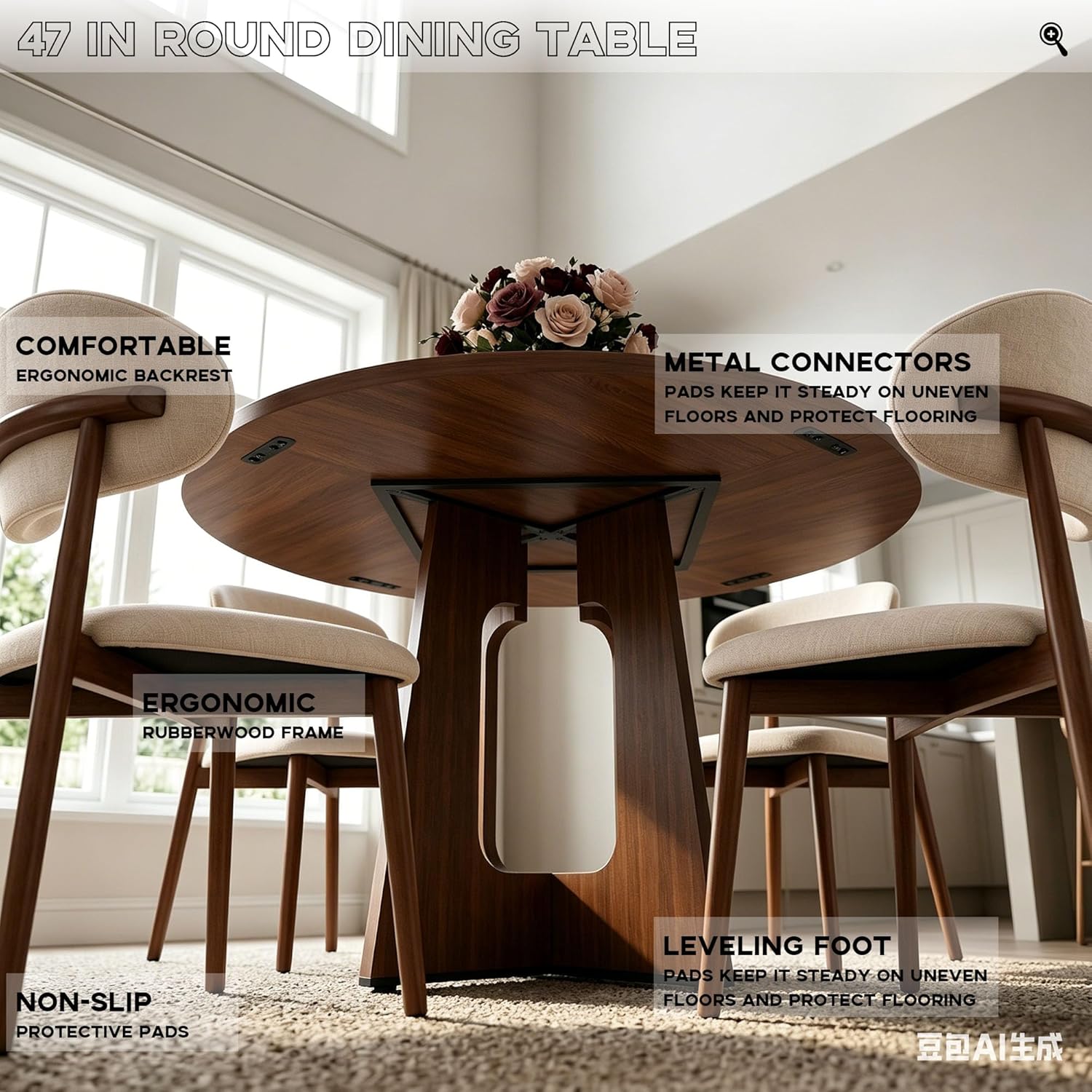 47" Round Dining Table Set for 4, 5 Piece Space Saving Kitchen Table and Chairs with 4 Solid Wood Chairs, Walnut Finish Dinner & Breakfast Table Set for Dining Room, Kitchen, Small Apartment