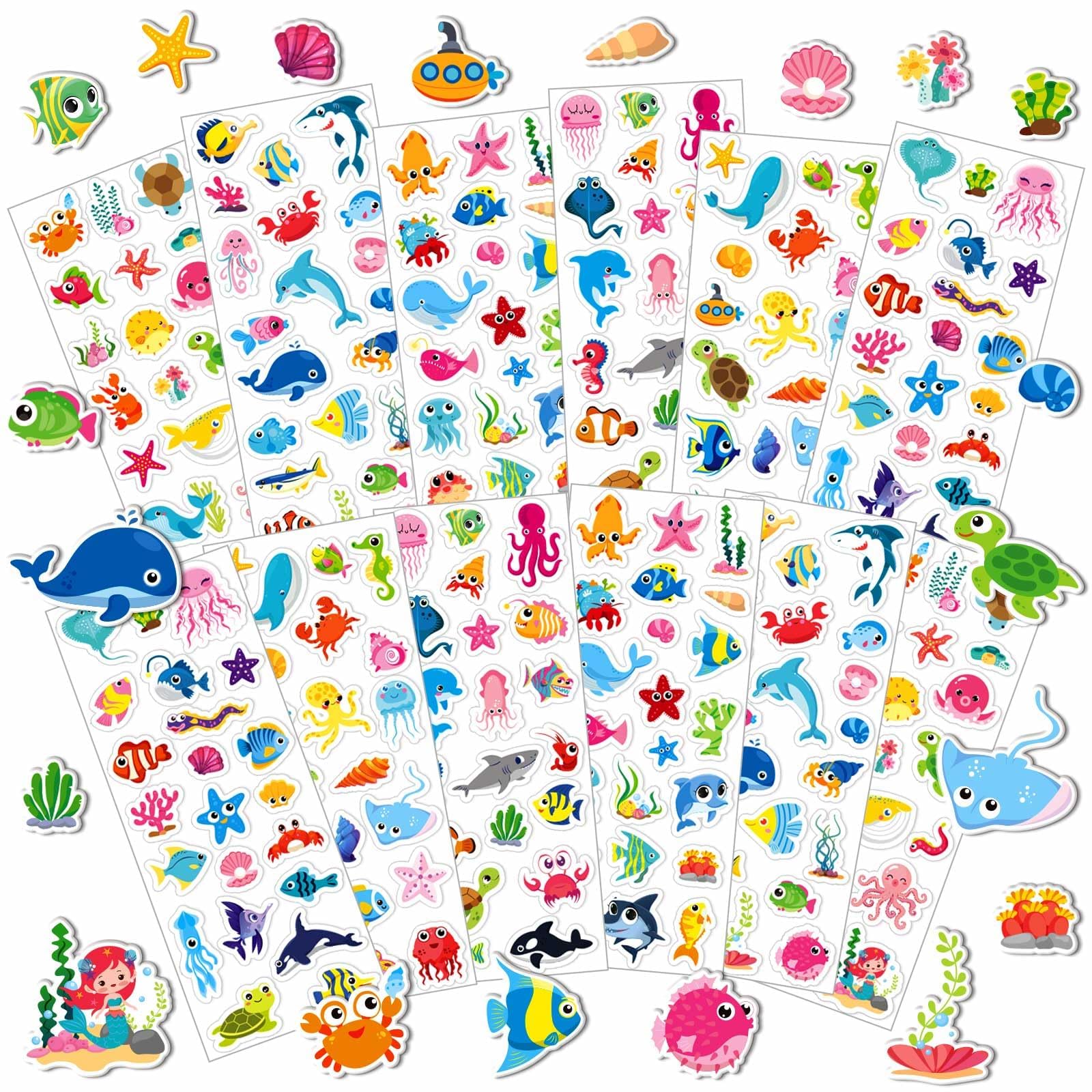UPINS 12 Sheets Ocean 3D Puffy Stickers for Kids, Under The Sea Animal Cute Fish Shark Foam Stickers for Boys Girls Birthday Gifts, Classroom Reward, DIY Crafts Decorations