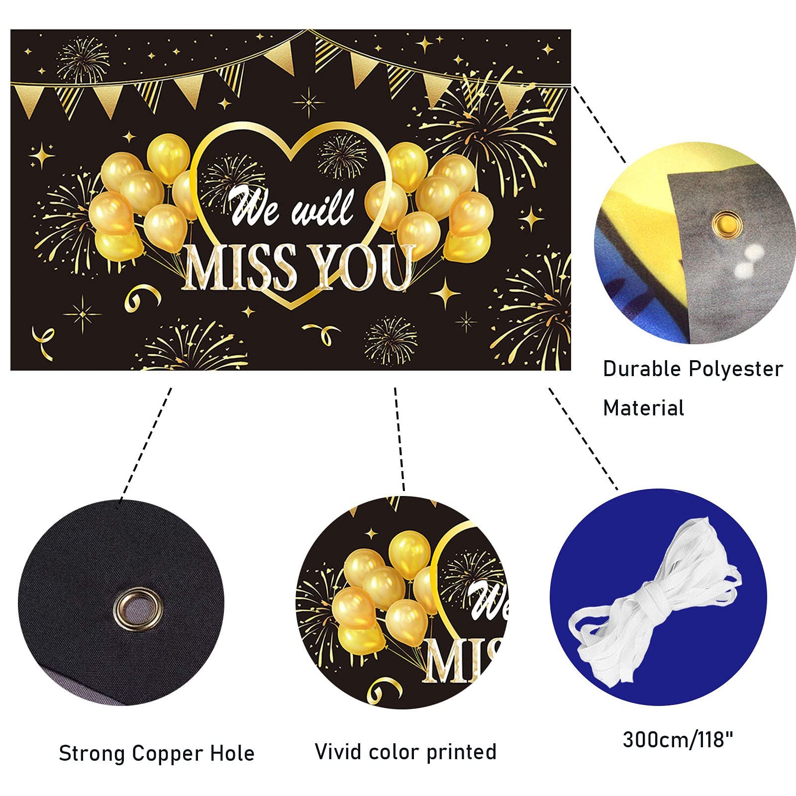 50 decorazioni per feste di compleanno, 180 x 110 cm, con corda lunga 6 m, sfondo nero e oro, panno in poliestere per festa di compleanno per 50° compleanno