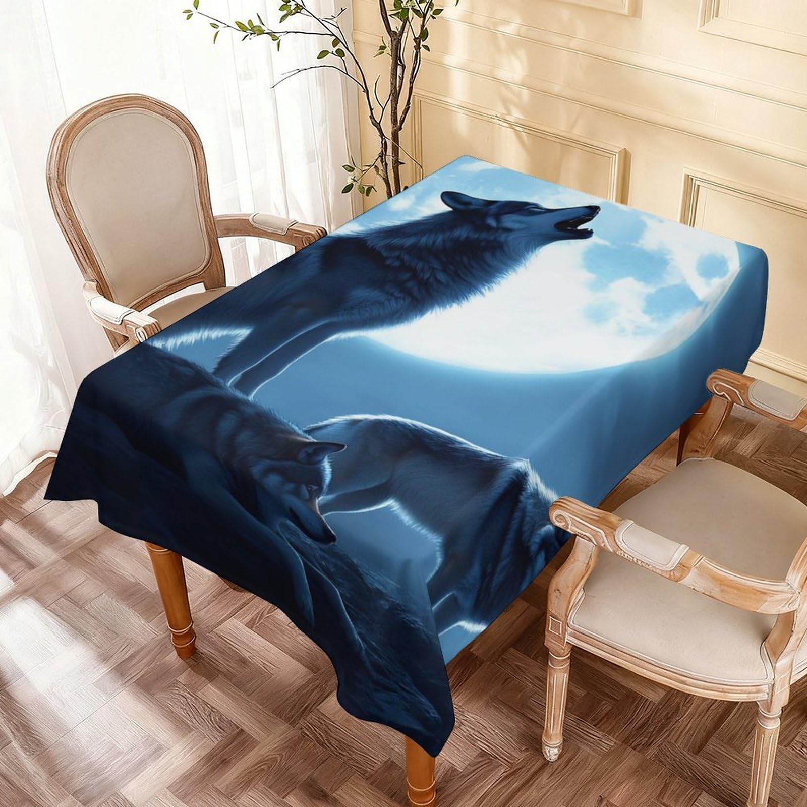 Nappe lavable imperméable motif loup de pleine lune 137x183cm anti-tache pour maison